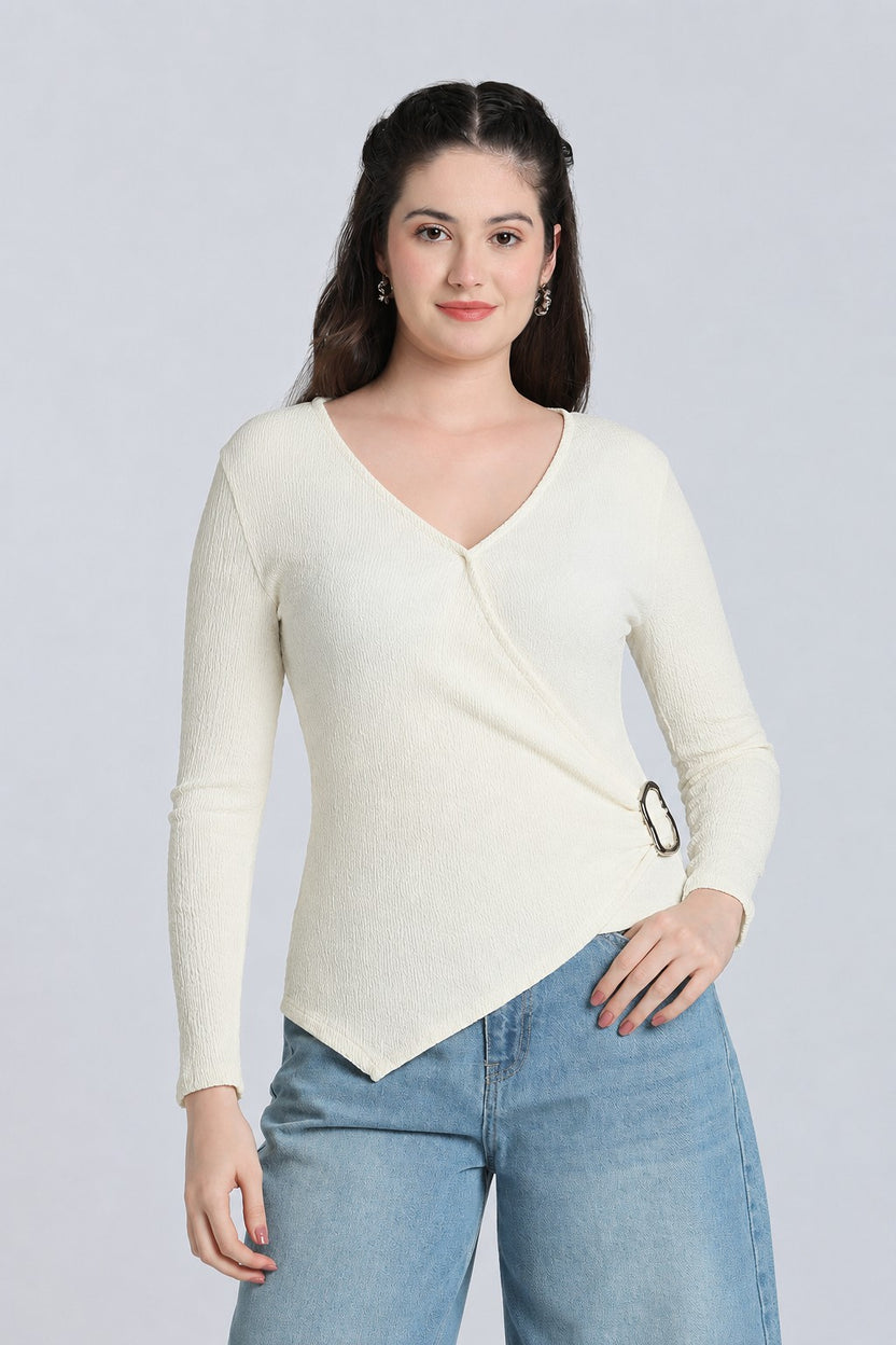 Off White Regular Fit Wrap Top for Women - Image 2