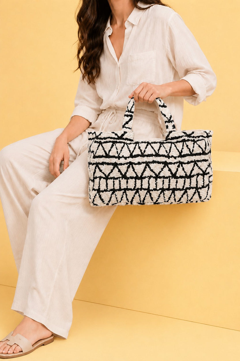 Beige Cotton Jacquard Tote Bag For Women - Image 1