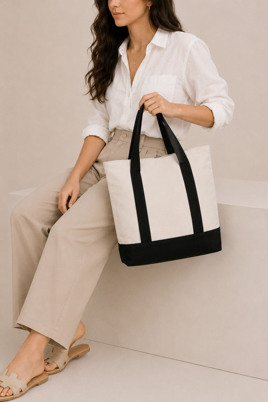 Cream Canvas Tote Bag for Women - Image 1