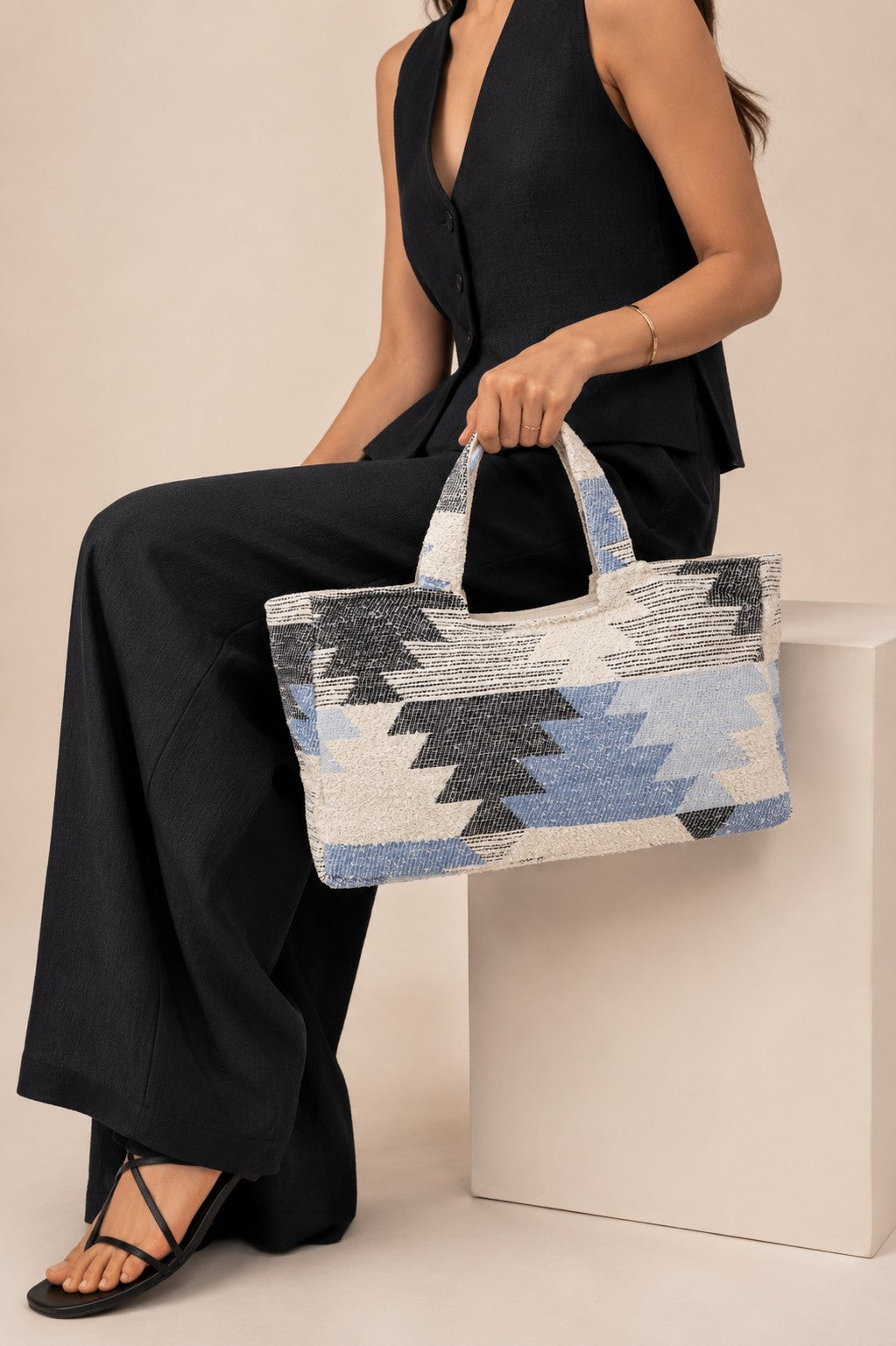 Blue Self Design Tote Bag for Women - Image 7