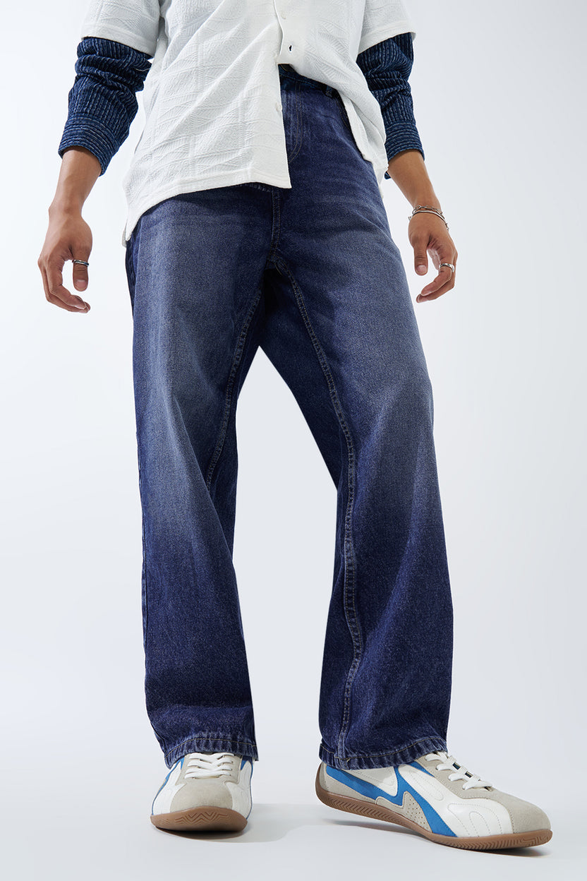 Dark Blue Solid Baggy Fit Jeans For Men - Image 1