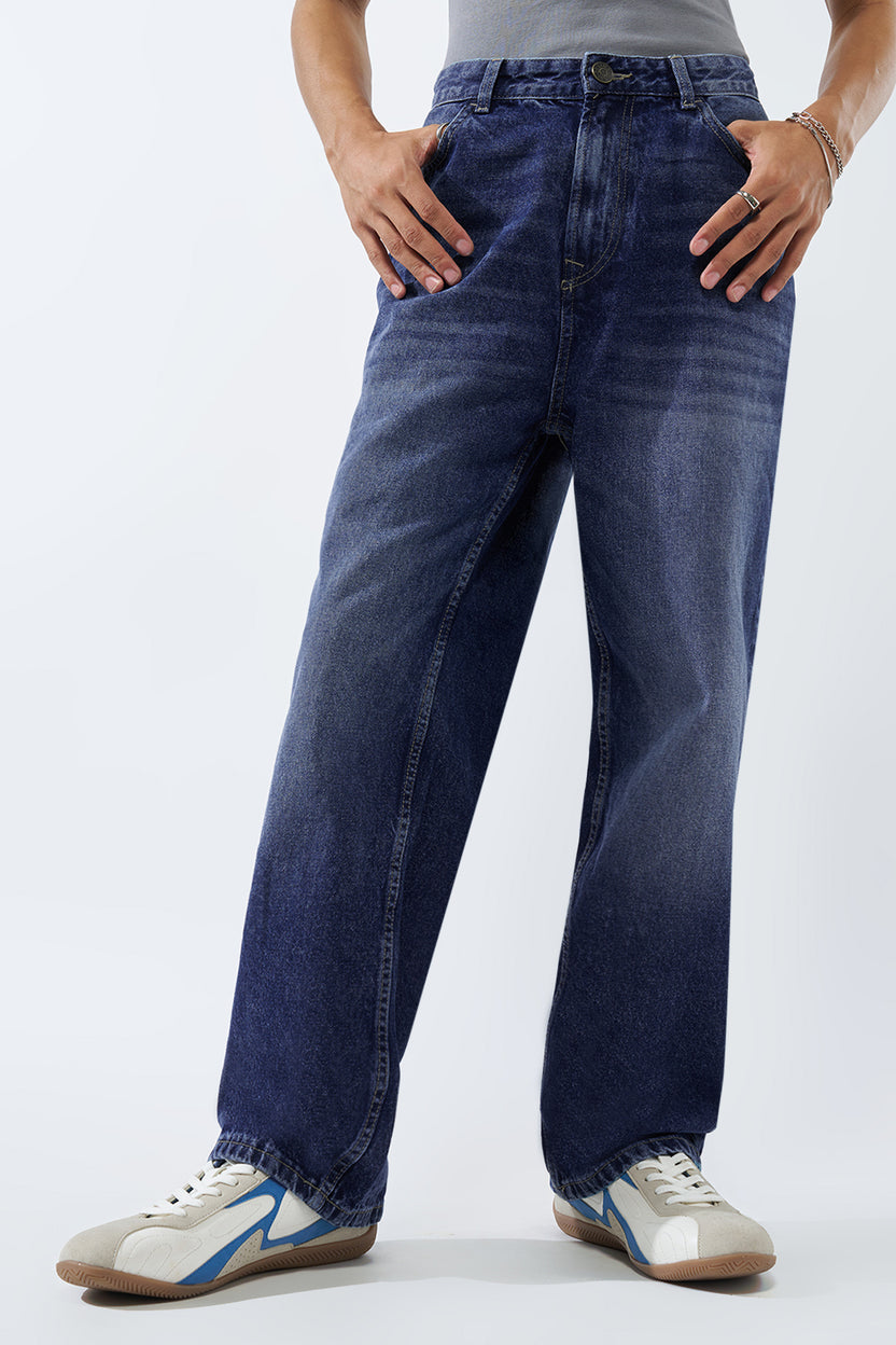 Dark Blue Solid Baggy Fit Jeans For Men - Image 2