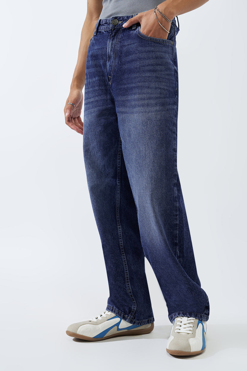 Dark Blue Solid Baggy Fit Jeans For Men - Image 4