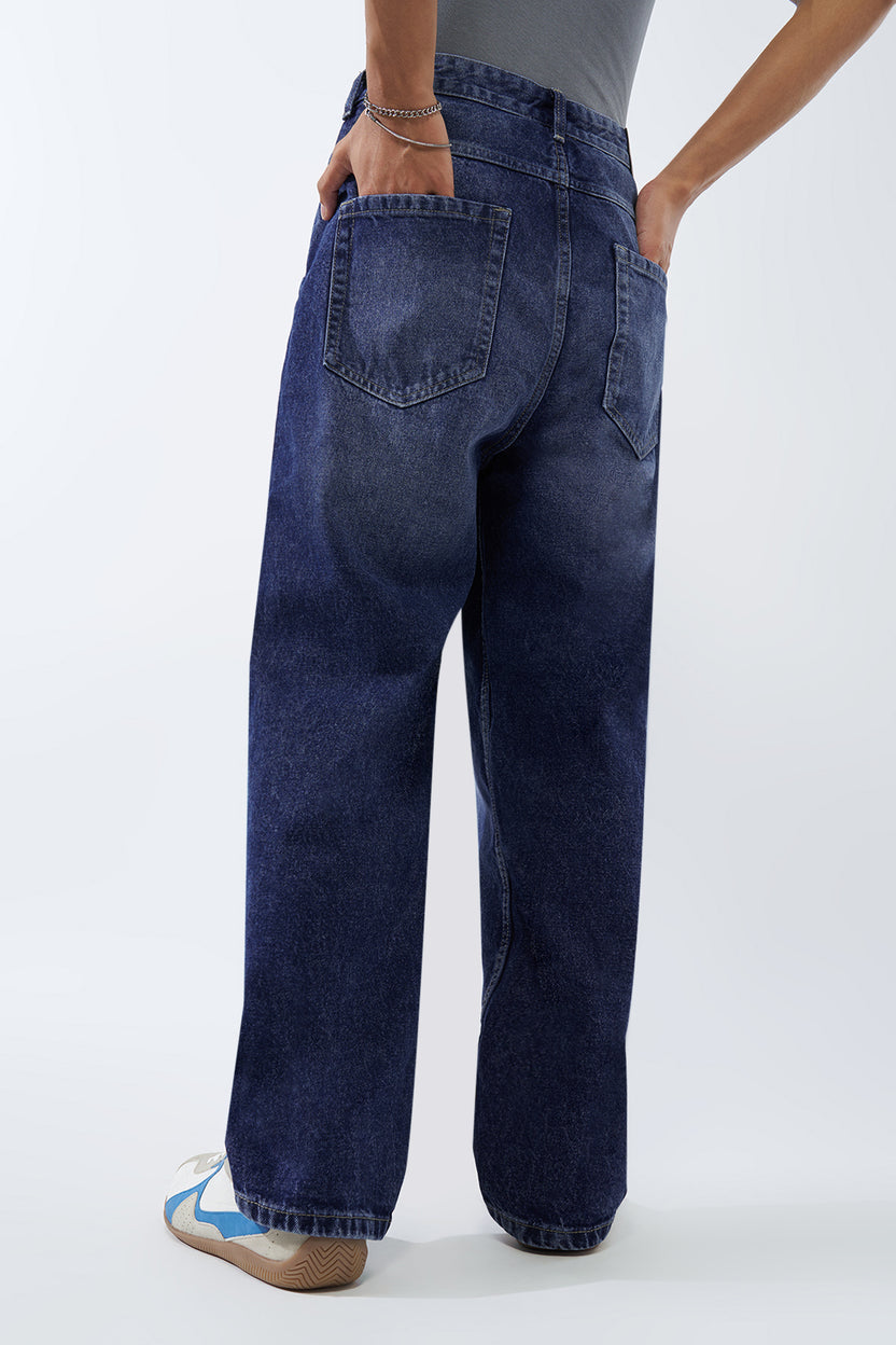Dark Blue Solid Baggy Fit Jeans For Men - Image 5
