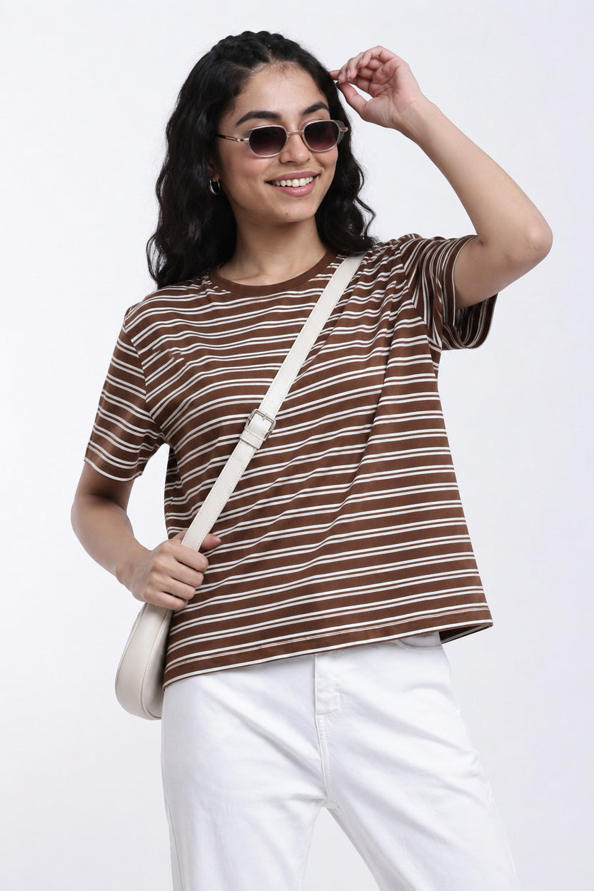 Brown Stripes Boxy Fit T-Shirt for Women - Image 1