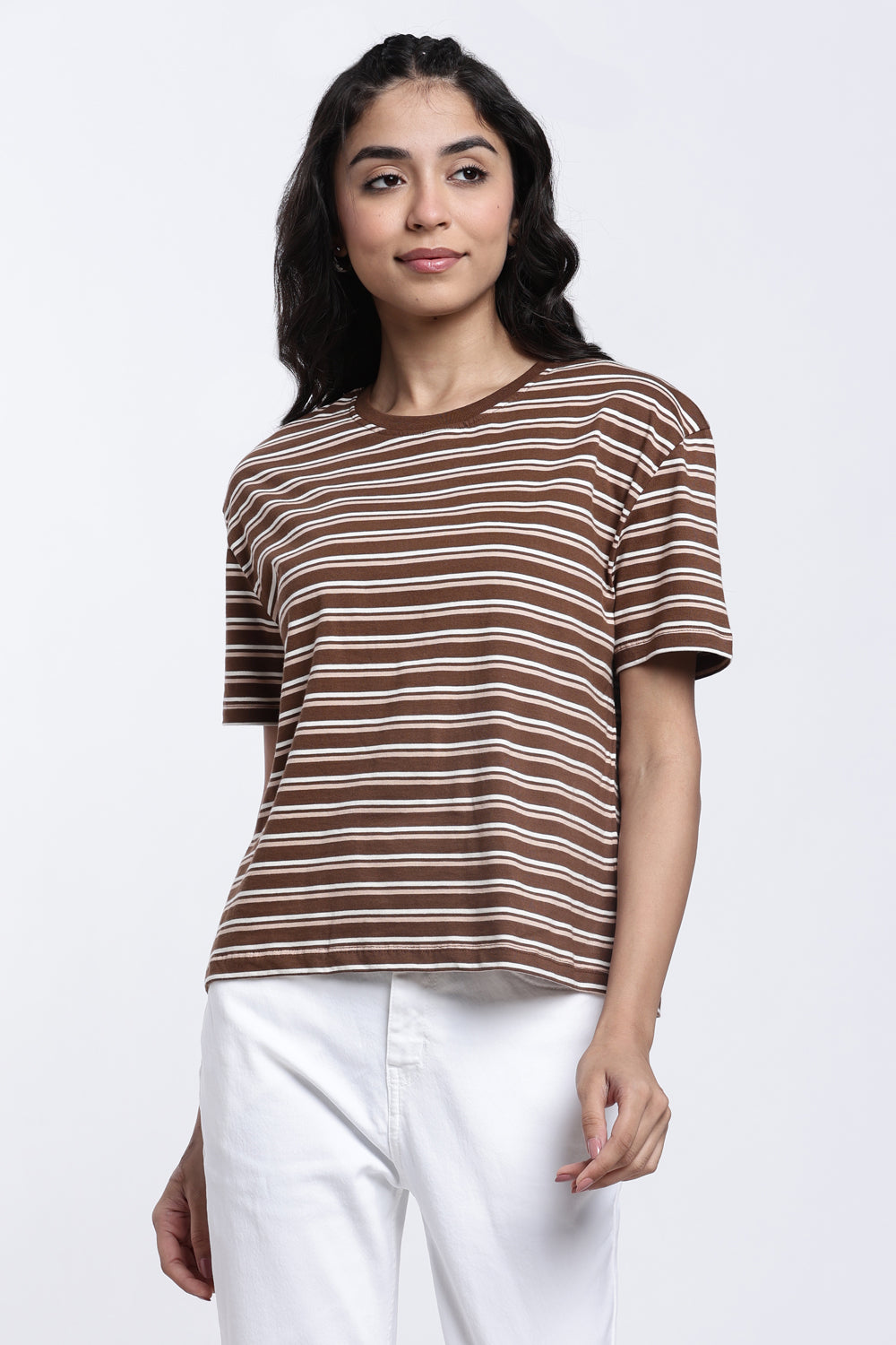 Brown Stripes Boxy Fit T-Shirt for Women - Image 2