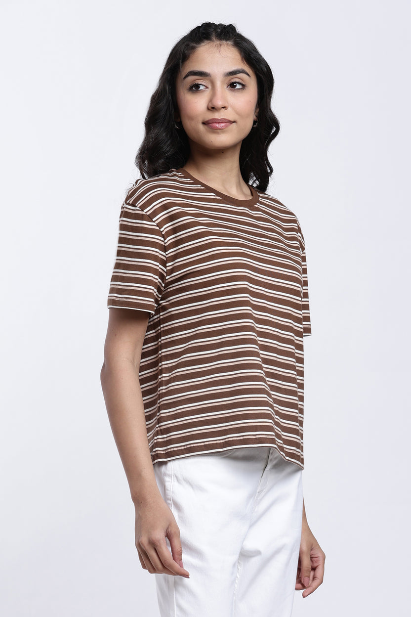 Brown Stripes Boxy Fit T-Shirt for Women - Image 4