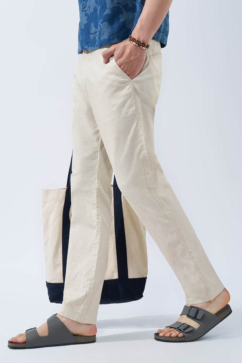 Off White Solid Cotton Blend Drawstring Trouser for Men - Image 1
