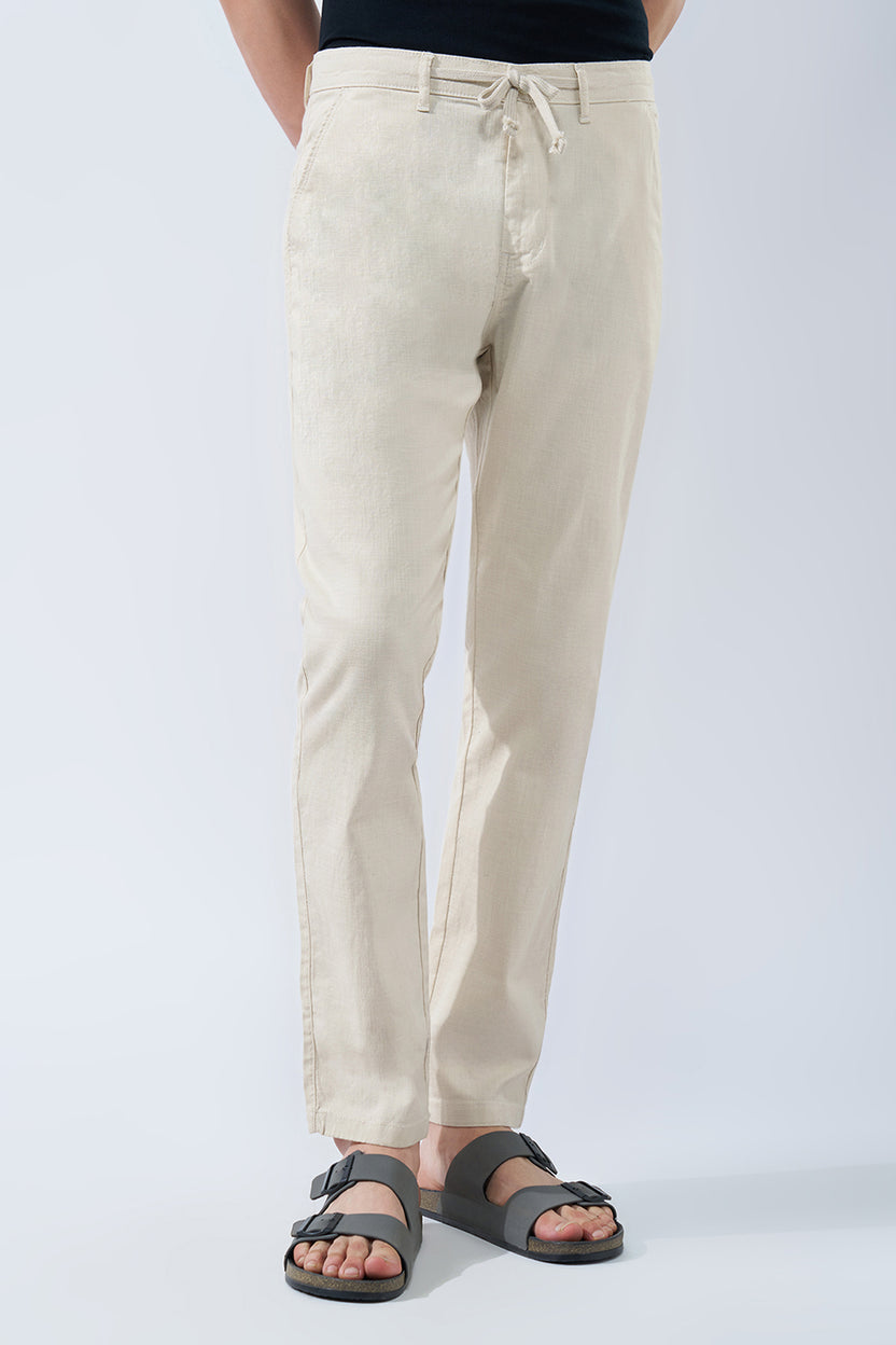Off White Solid Cotton Blend Drawstring Trouser for Men - Image 2