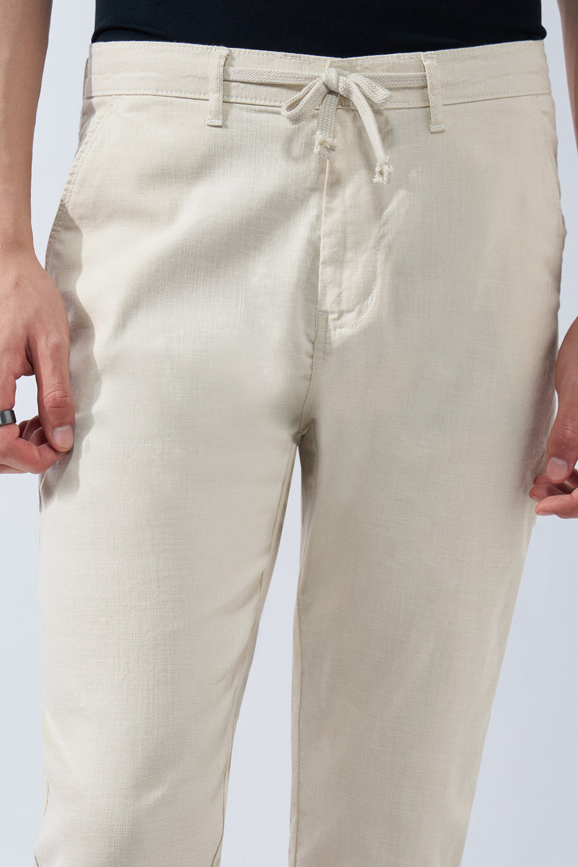Off White Solid Cotton Blend Drawstring Trouser for Men - Image 3