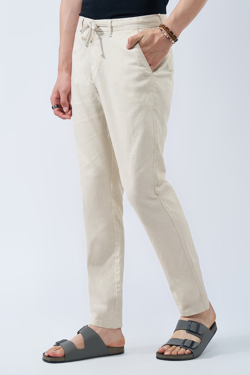 Off White Solid Cotton Blend Drawstring Trouser for Men - Image 4