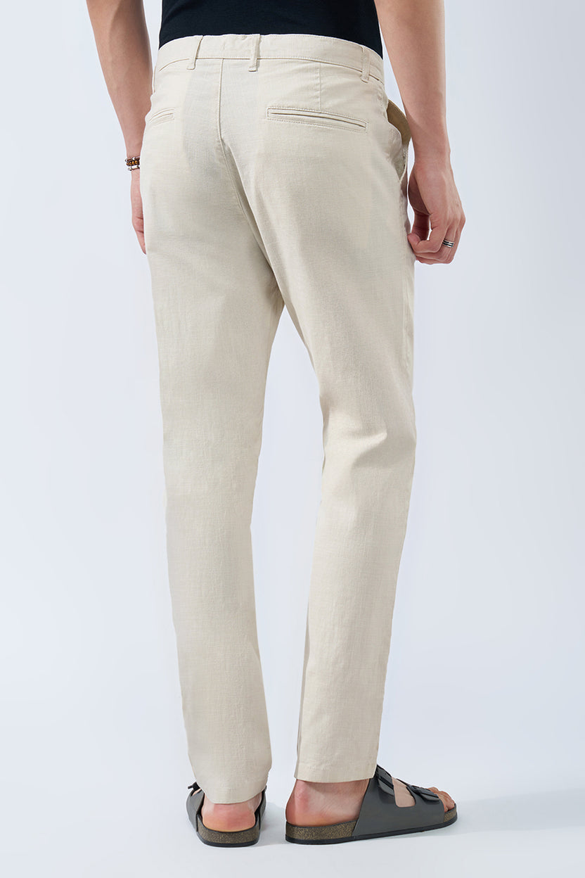 Off White Solid Cotton Blend Drawstring Trouser for Men - Image 5