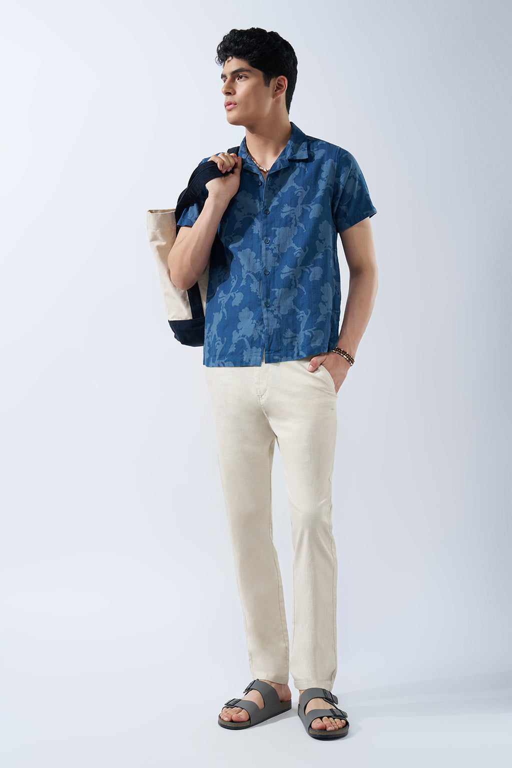 Off White Solid Cotton Blend Drawstring Trouser for Men - Image 6