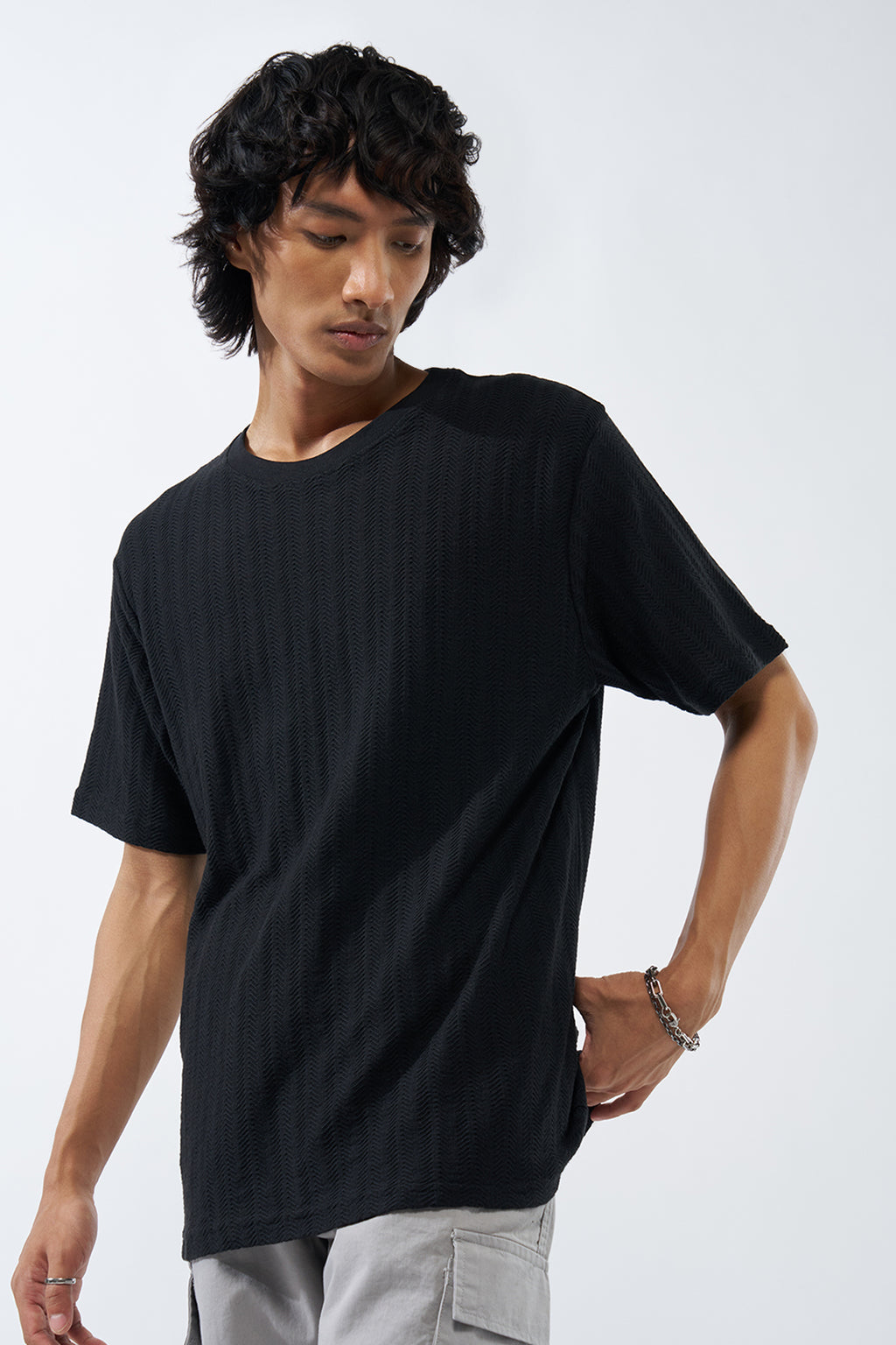 Charcoal Textured Regular Fit T-Shirt for Men - Image 4