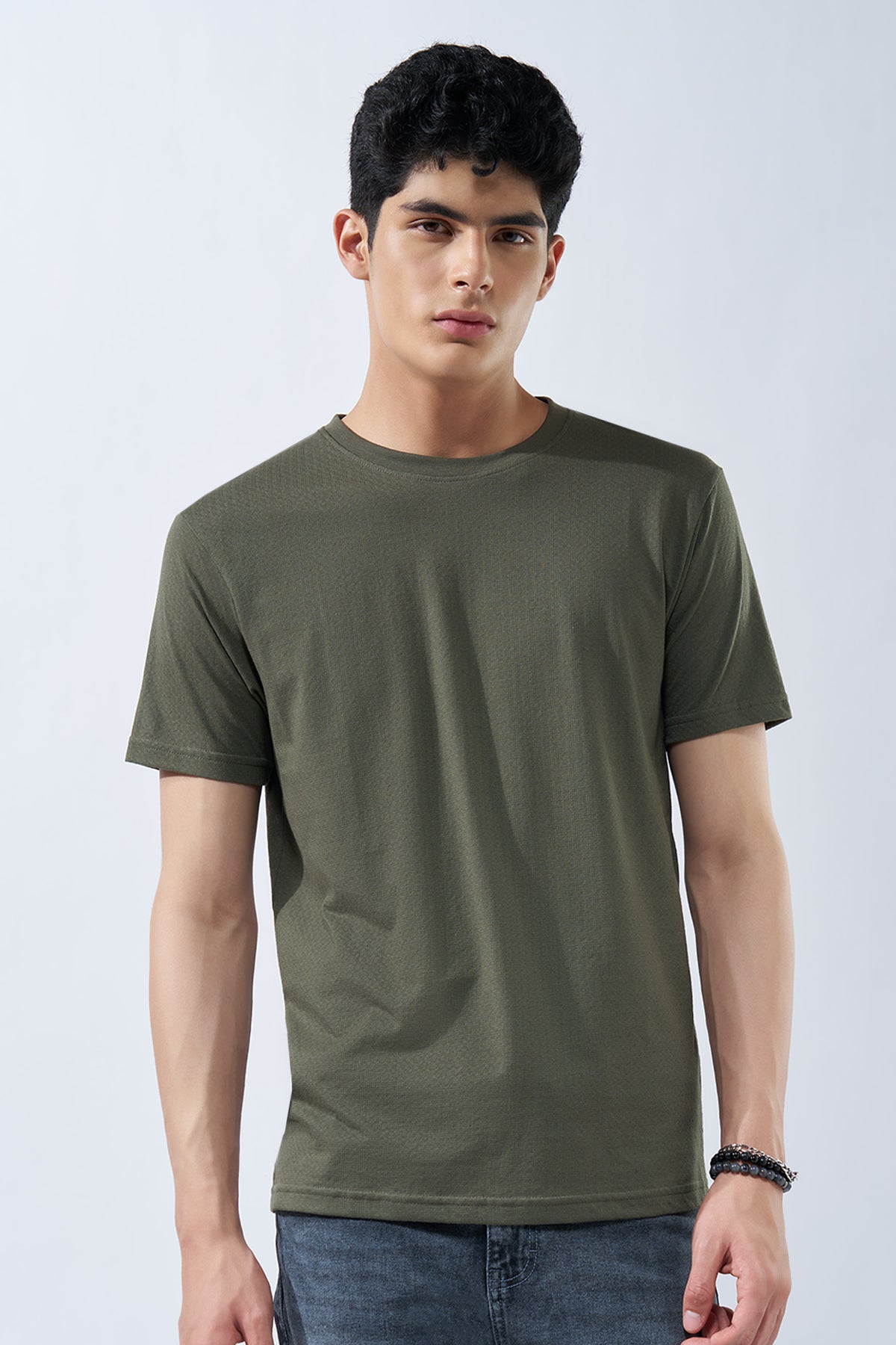 Olive Textured Jacquard Casual T-Shirt for Men - Image 2
