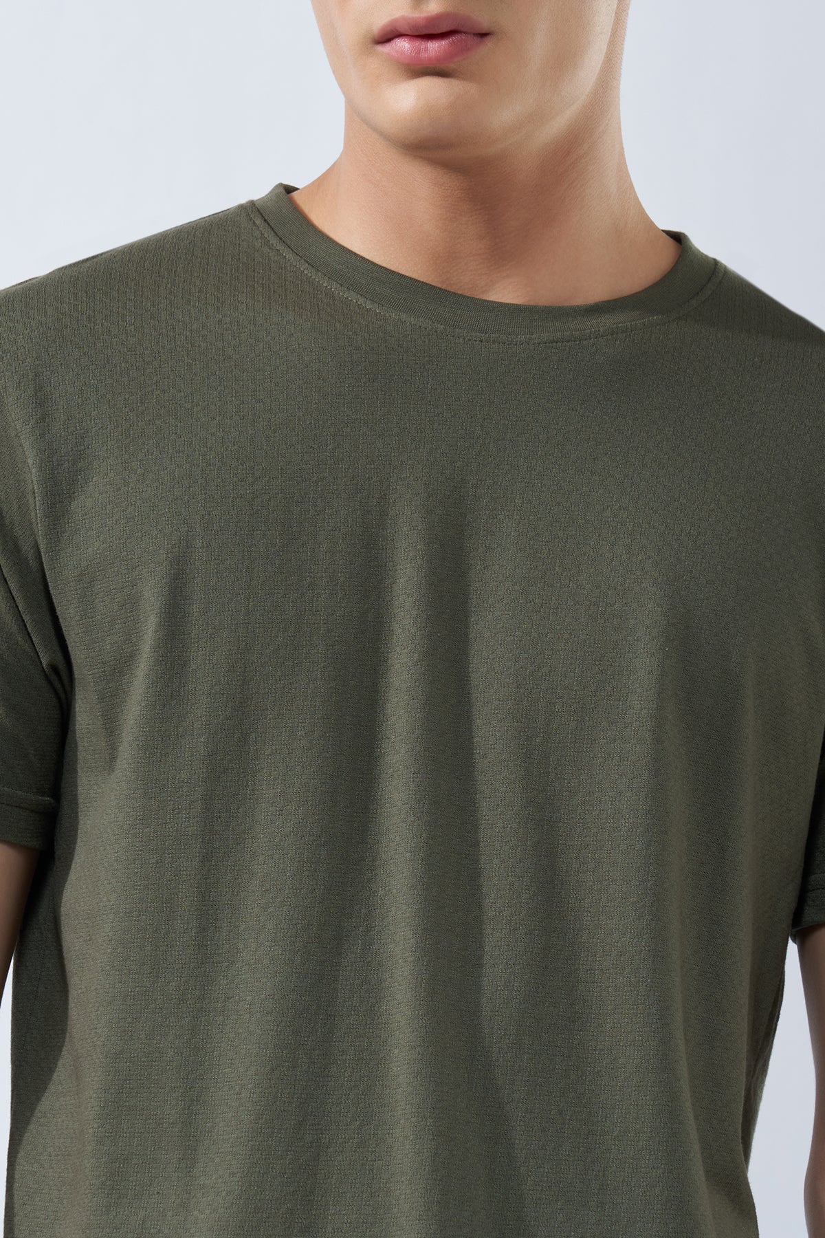 Olive Textured Jacquard Casual T-Shirt for Men - Image 3