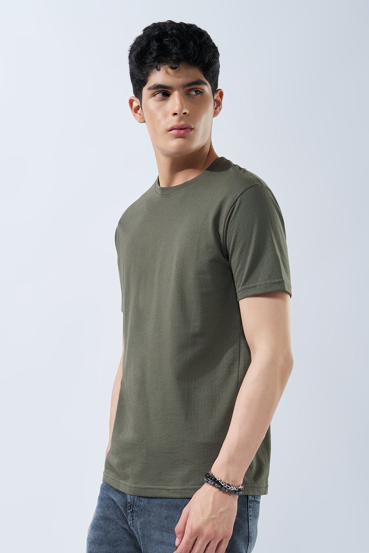 Olive Textured Jacquard Casual T-Shirt for Men - Image 4