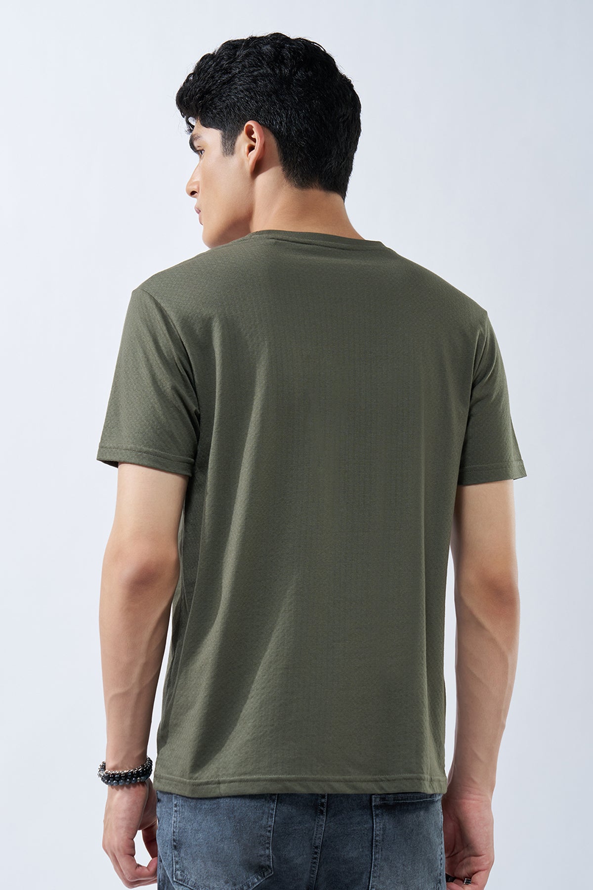 Olive Textured Jacquard Casual T-Shirt for Men - Image 5