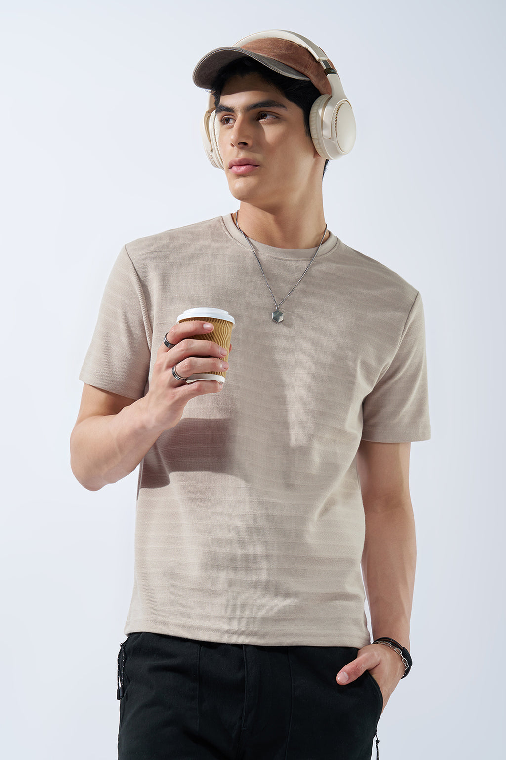 Cream Textured Jacquard Casual T-Shirt for Men - Image 1