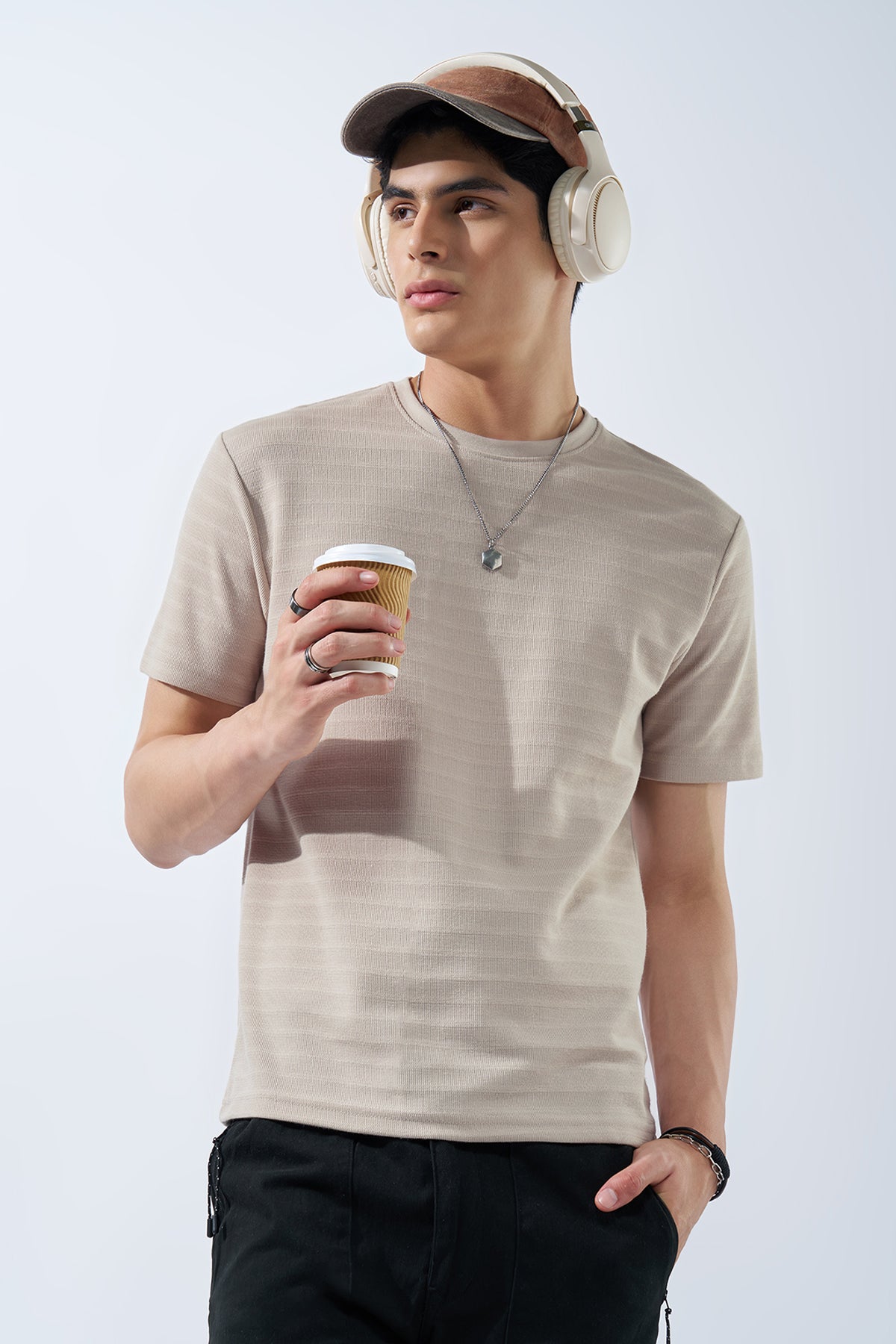 Cream Textured Jacquard Casual T-Shirt for Men - Image 1