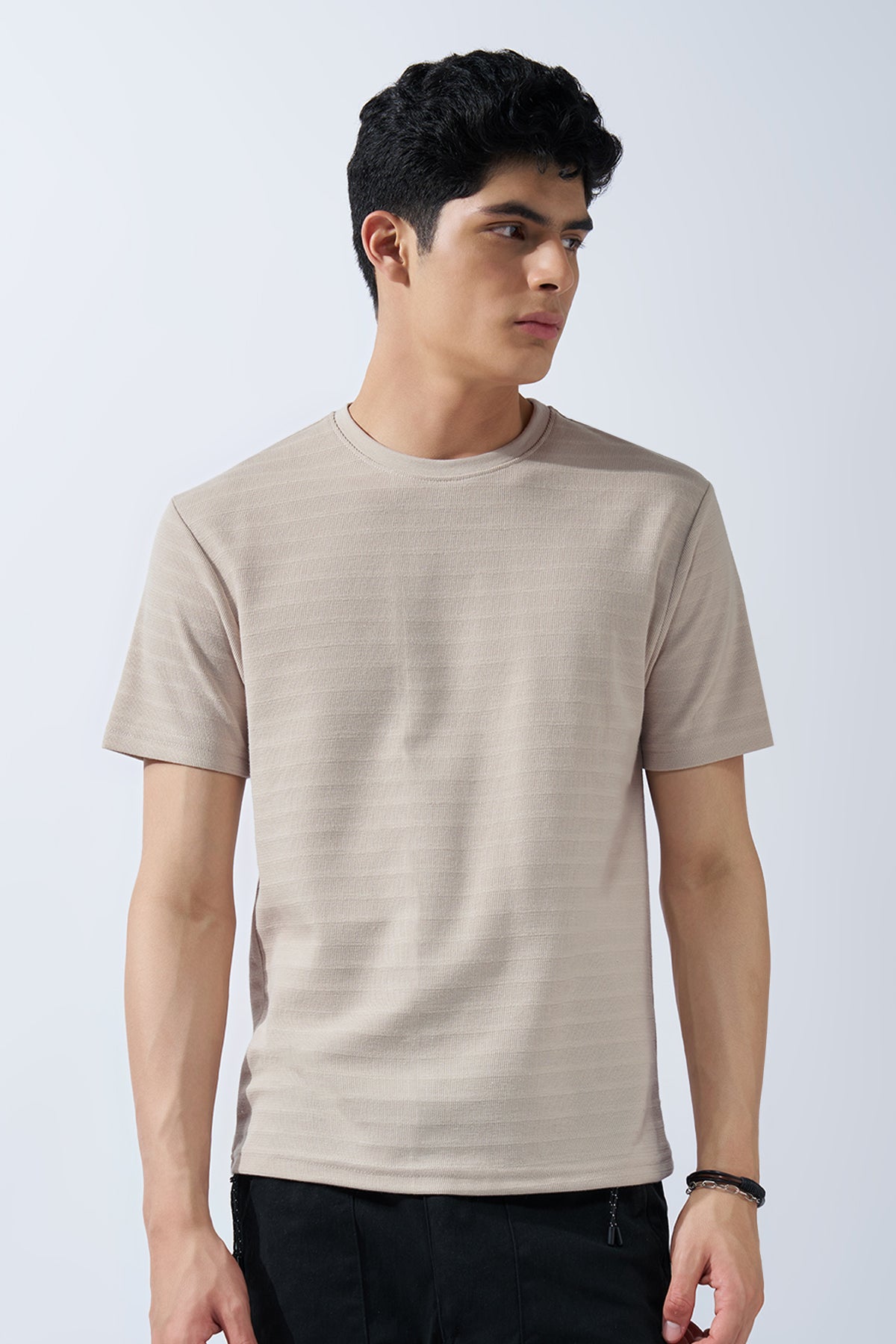 Cream Textured Jacquard Casual T-Shirt for Men - Image 2