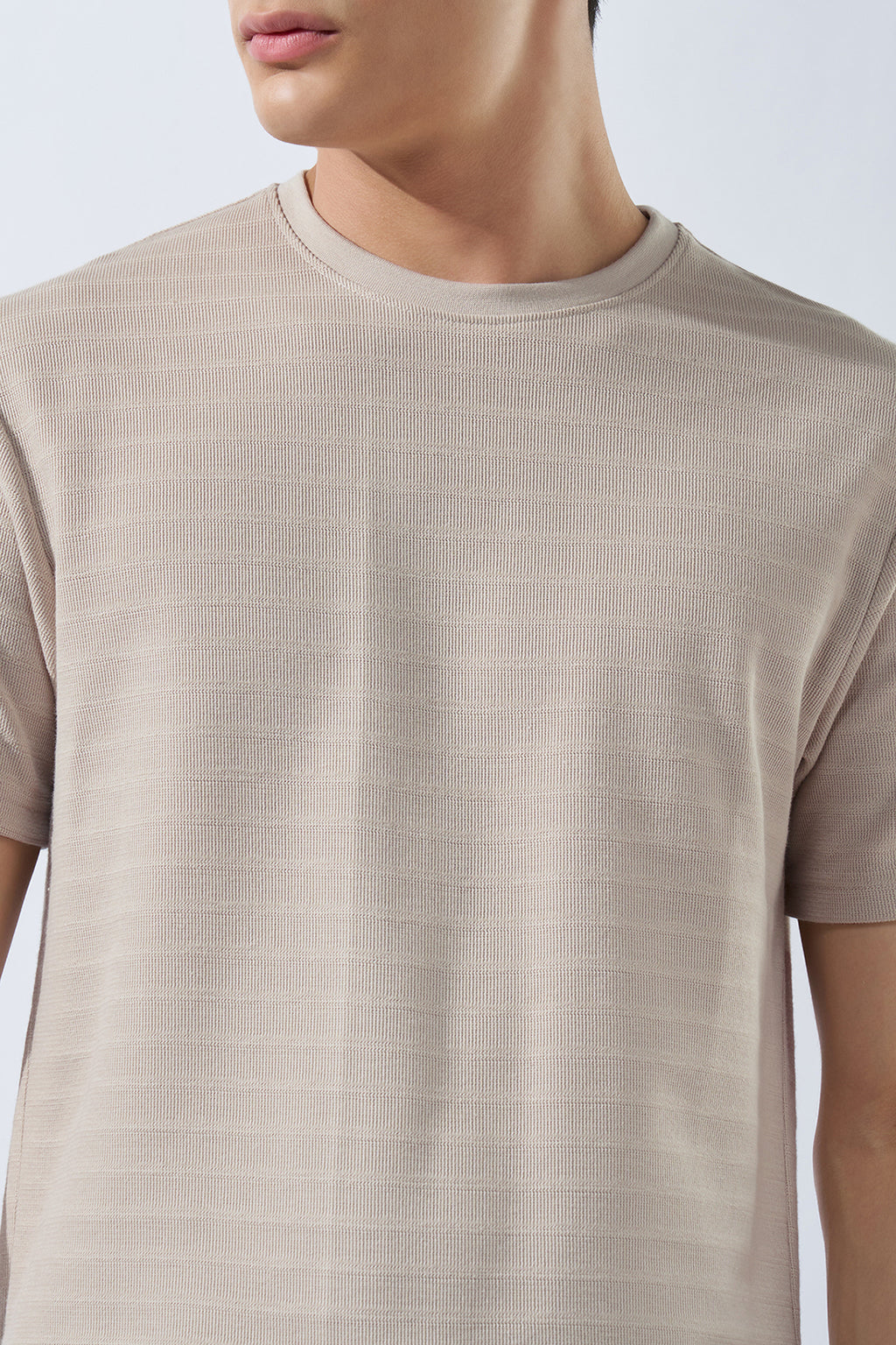 Cream Textured Jacquard Casual T-Shirt for Men - Image 7