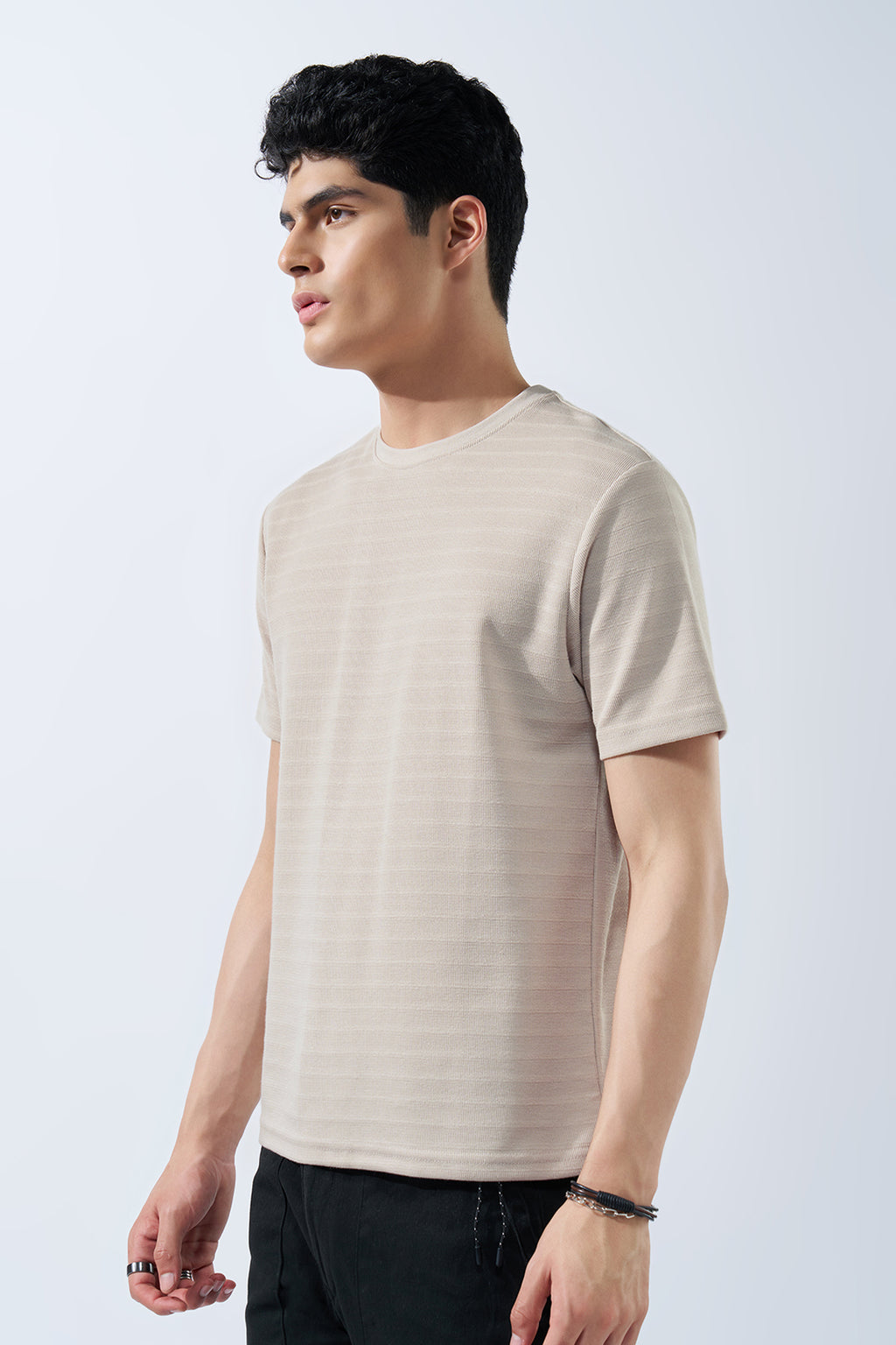 Cream Textured Jacquard Casual T-Shirt for Men - Image 4