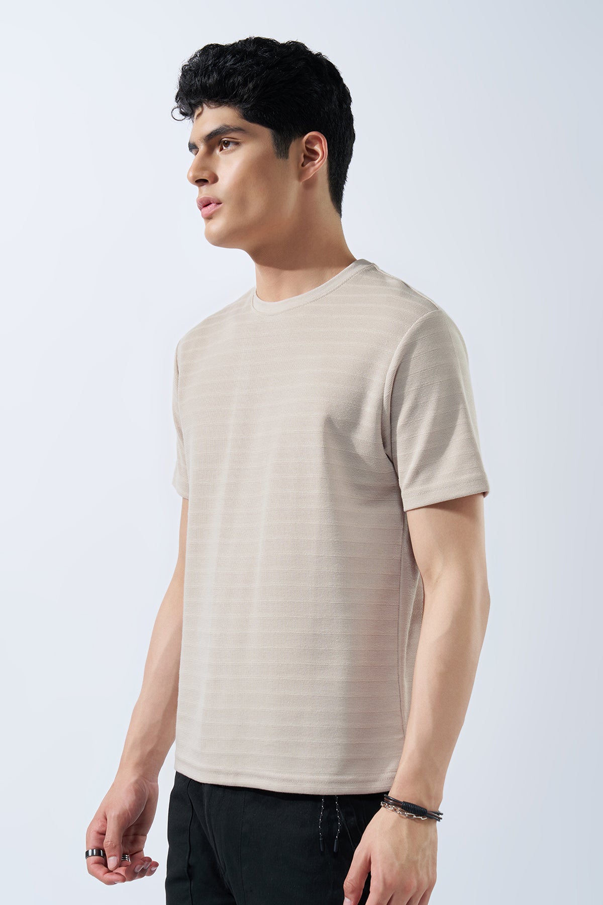 Cream Textured Jacquard Casual T-Shirt for Men - Image 4