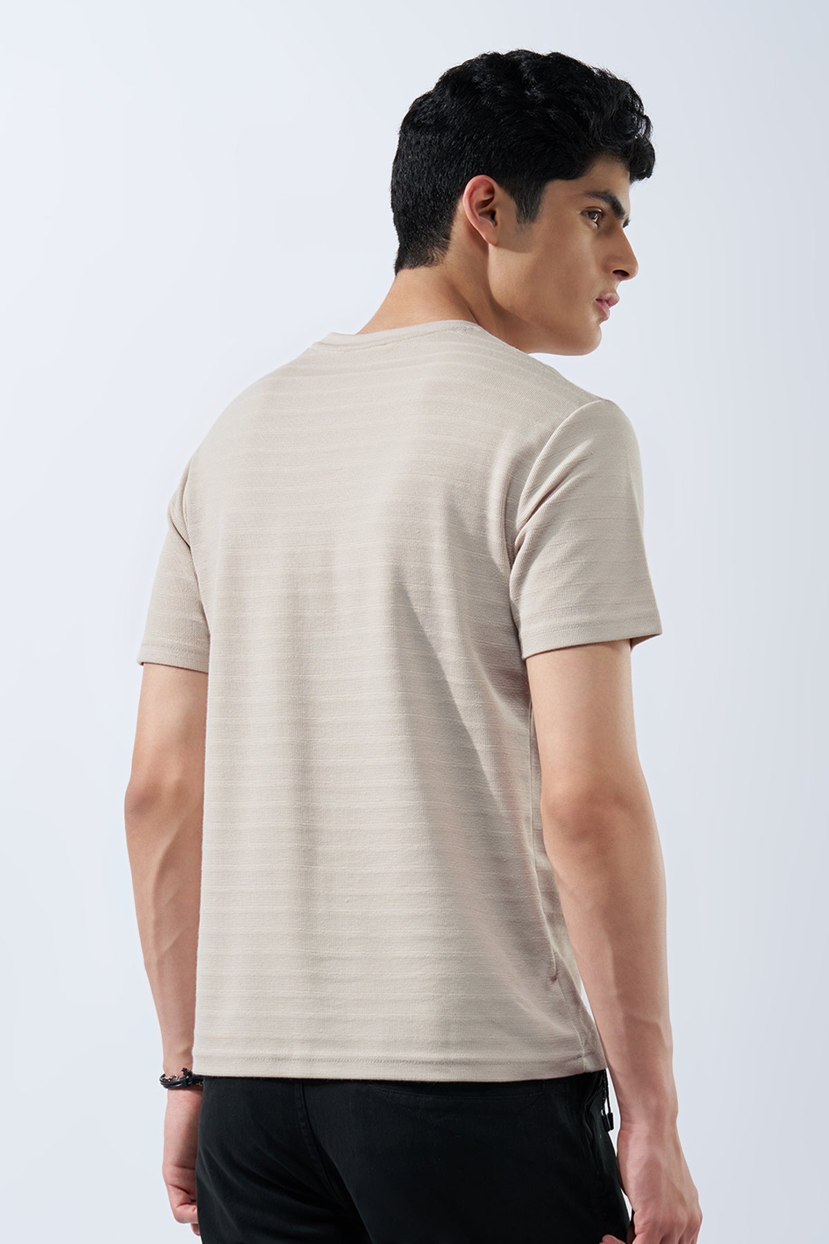 Cream Textured Jacquard Casual T-Shirt for Men - Image 5
