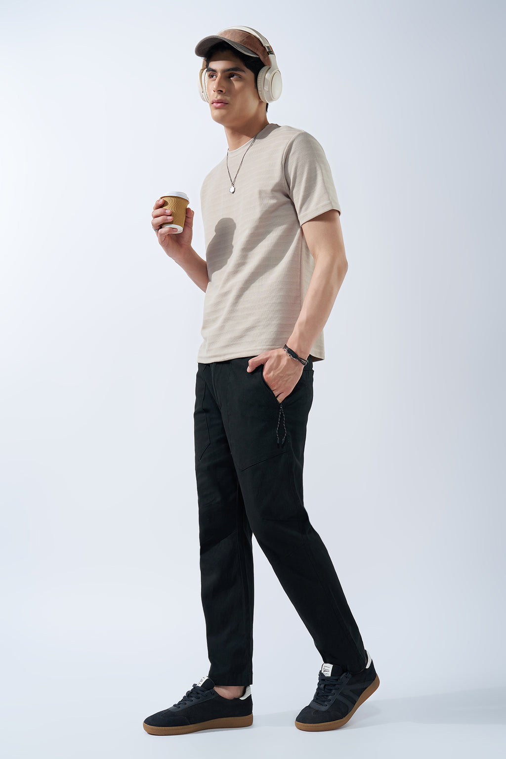 Cream Textured Jacquard Casual T-Shirt for Men - Image 6