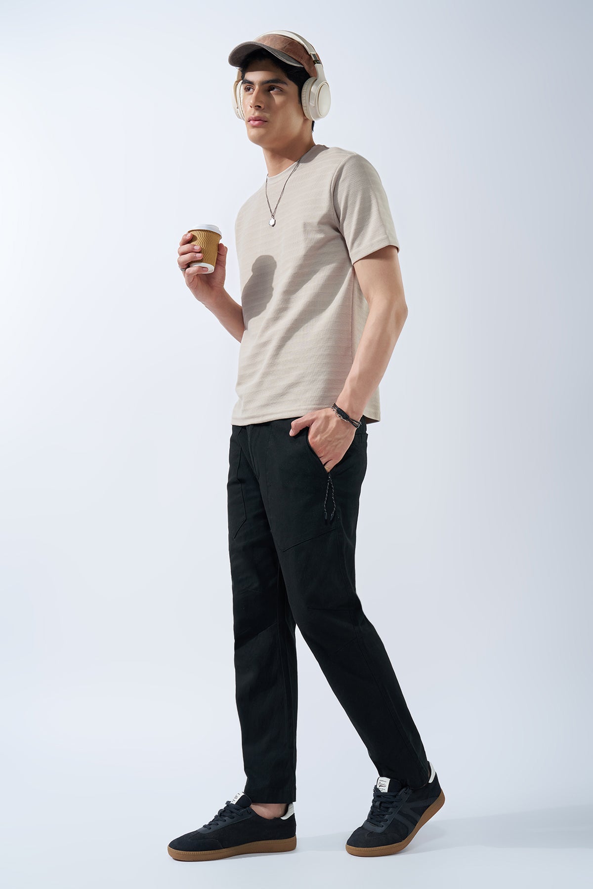 Cream Textured Jacquard Casual T-Shirt for Men - Image 6