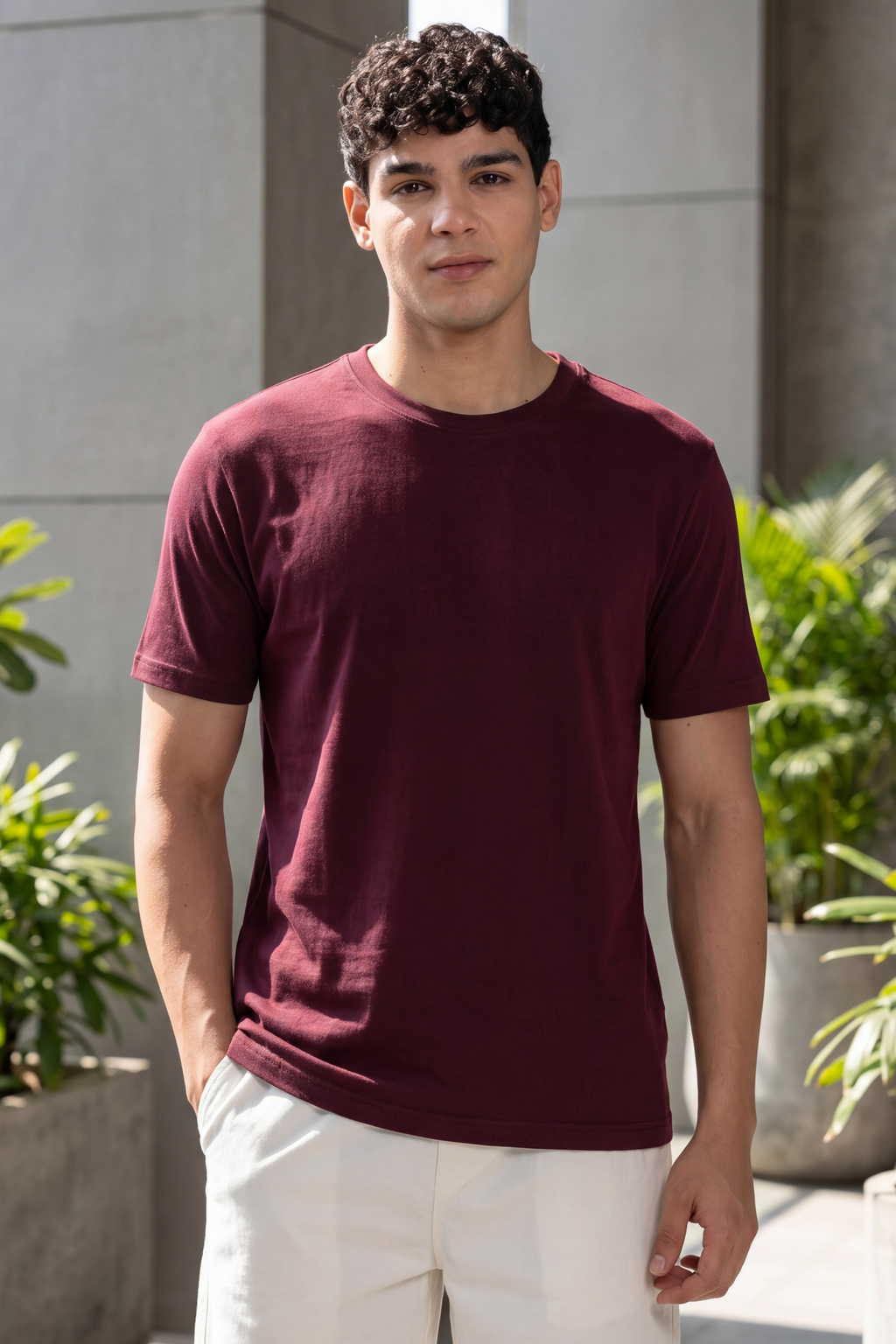 Maroon Textured Regular Fit T-Shirt for Men - Image 1