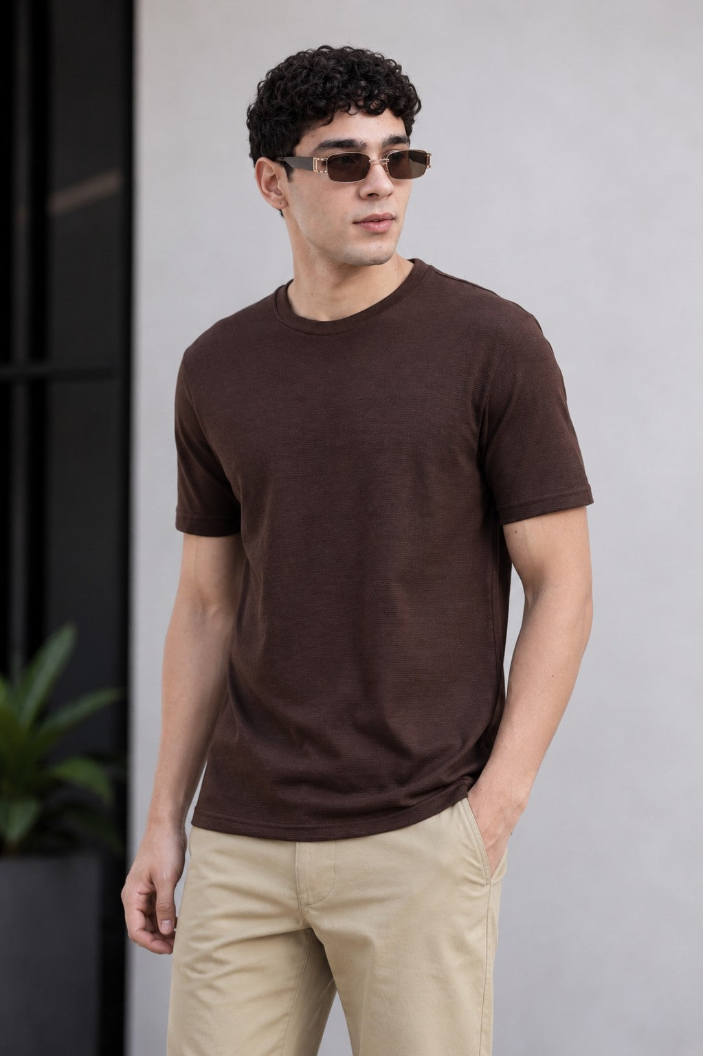 Brown Textured Regular Fit T-Shirt for Men - Image 1