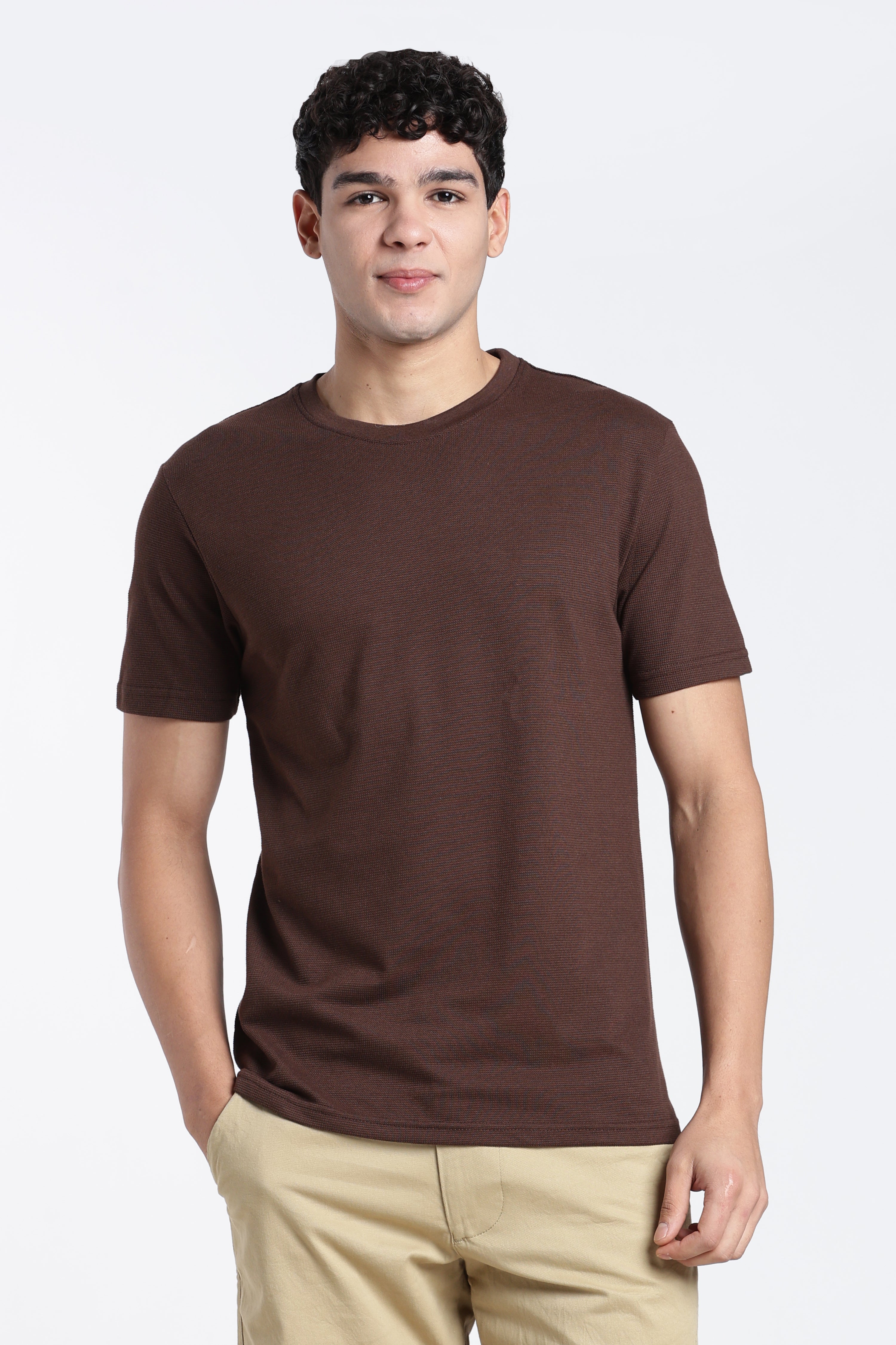 Brown Textured Regular Fit T-Shirt for Men - Image 2