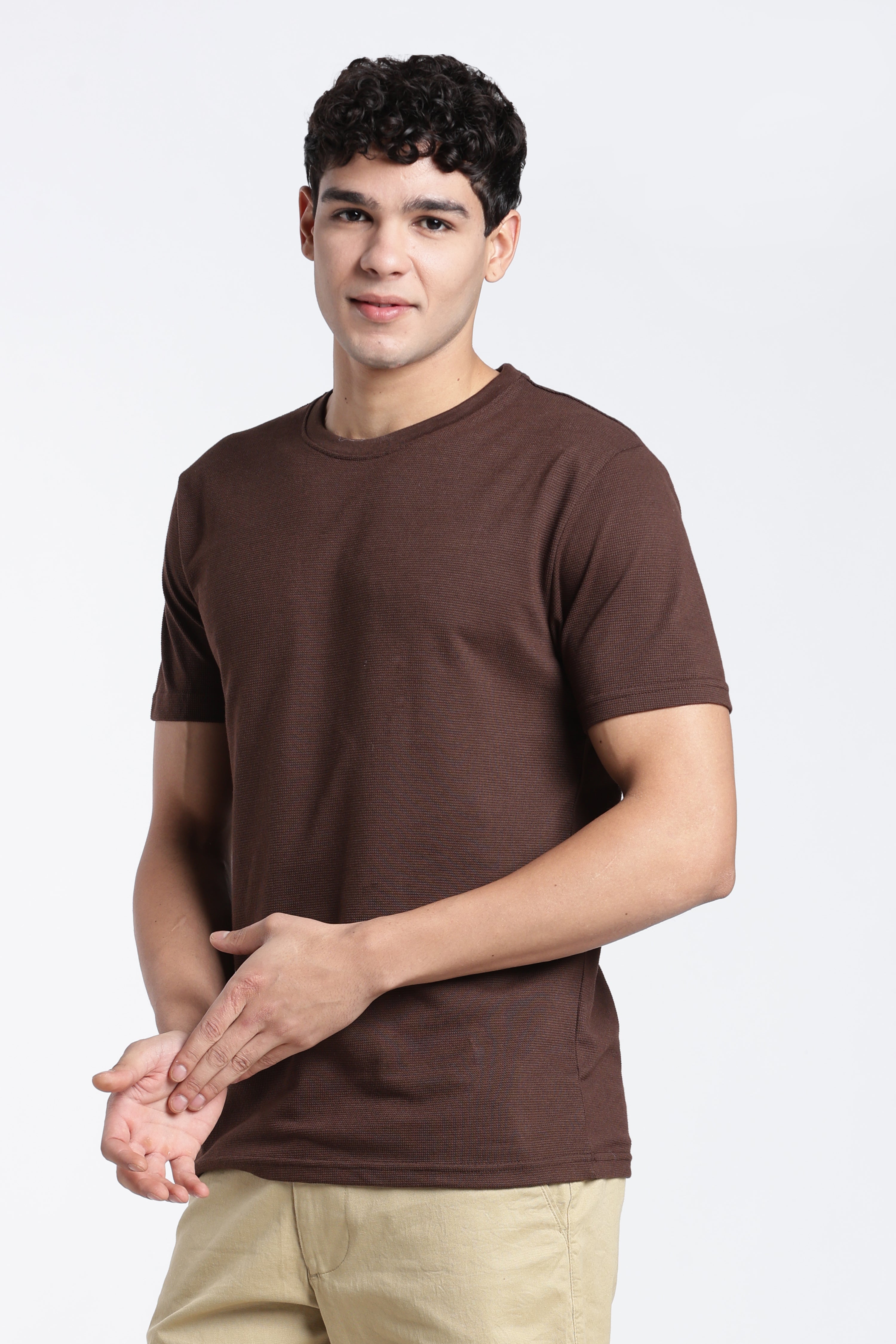 Brown Textured Regular Fit T-Shirt for Men - Image 4