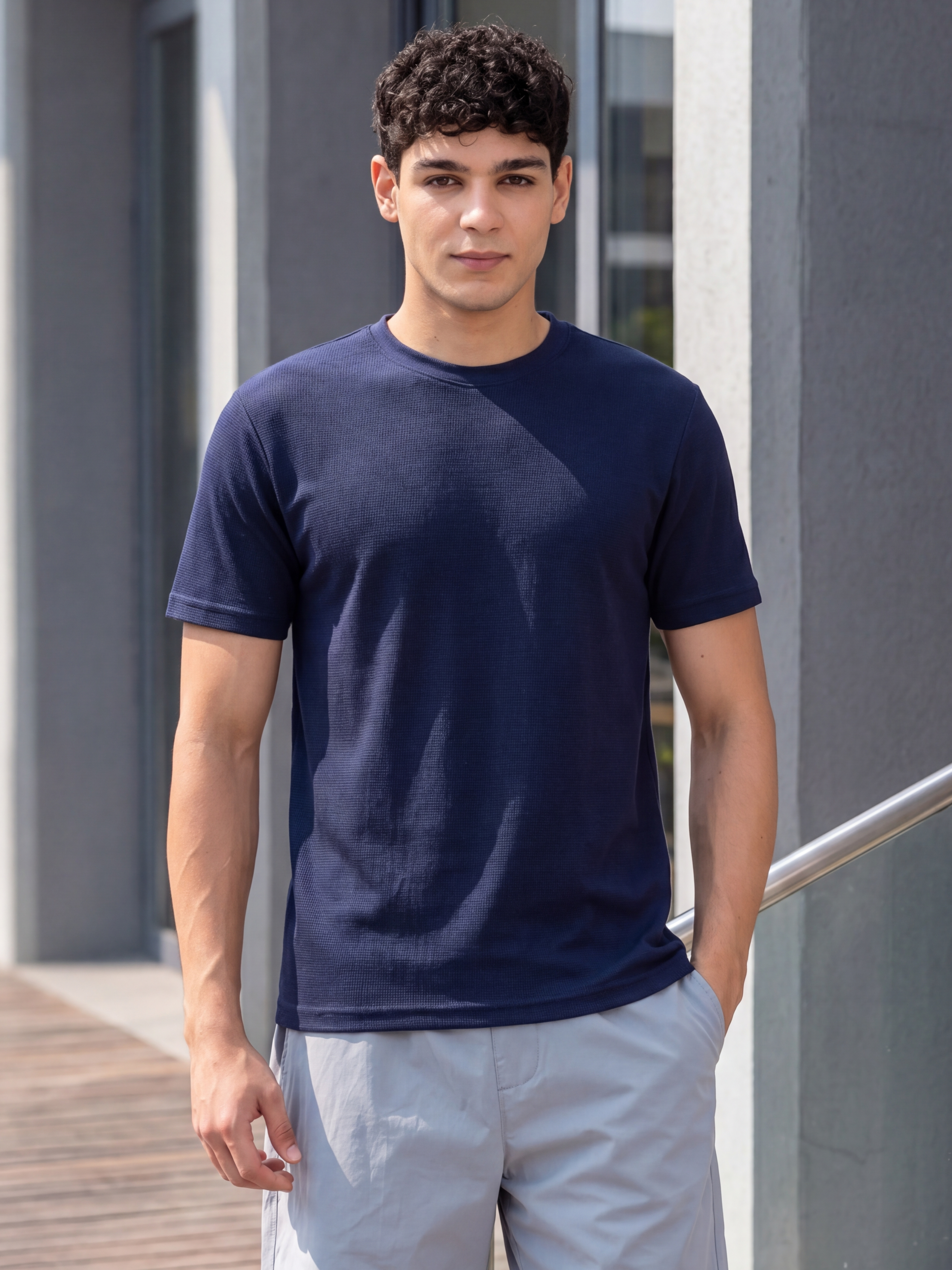 Navy Textured Regular Fit T-Shirt for Men - Image 1