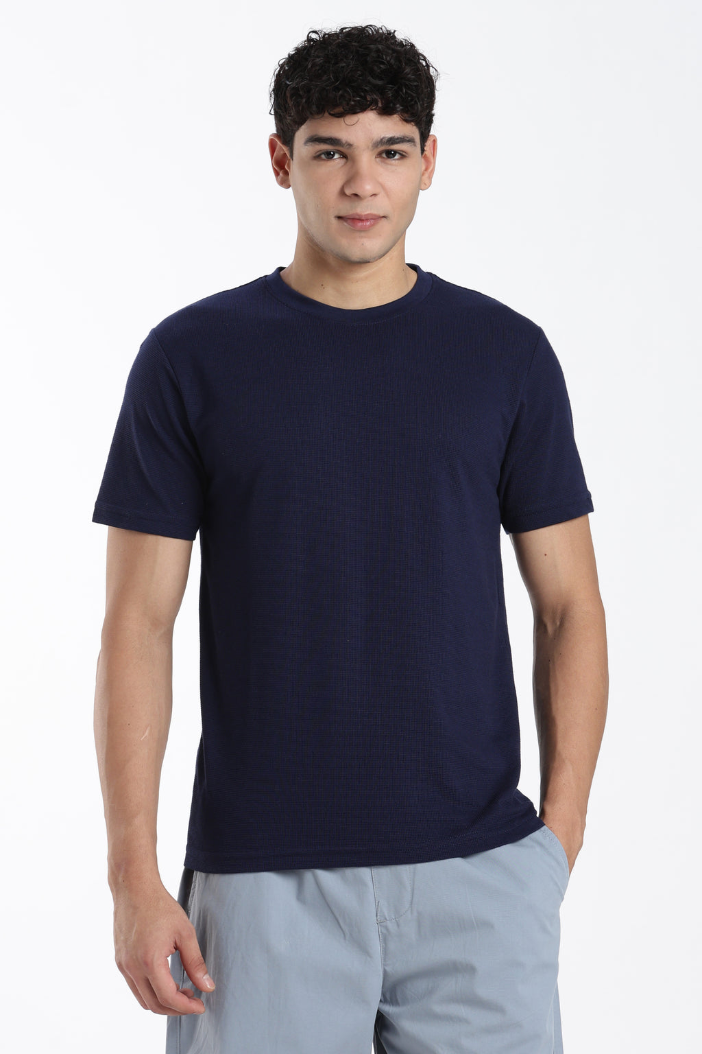 Navy Textured Regular Fit T-Shirt for Men - Image 2
