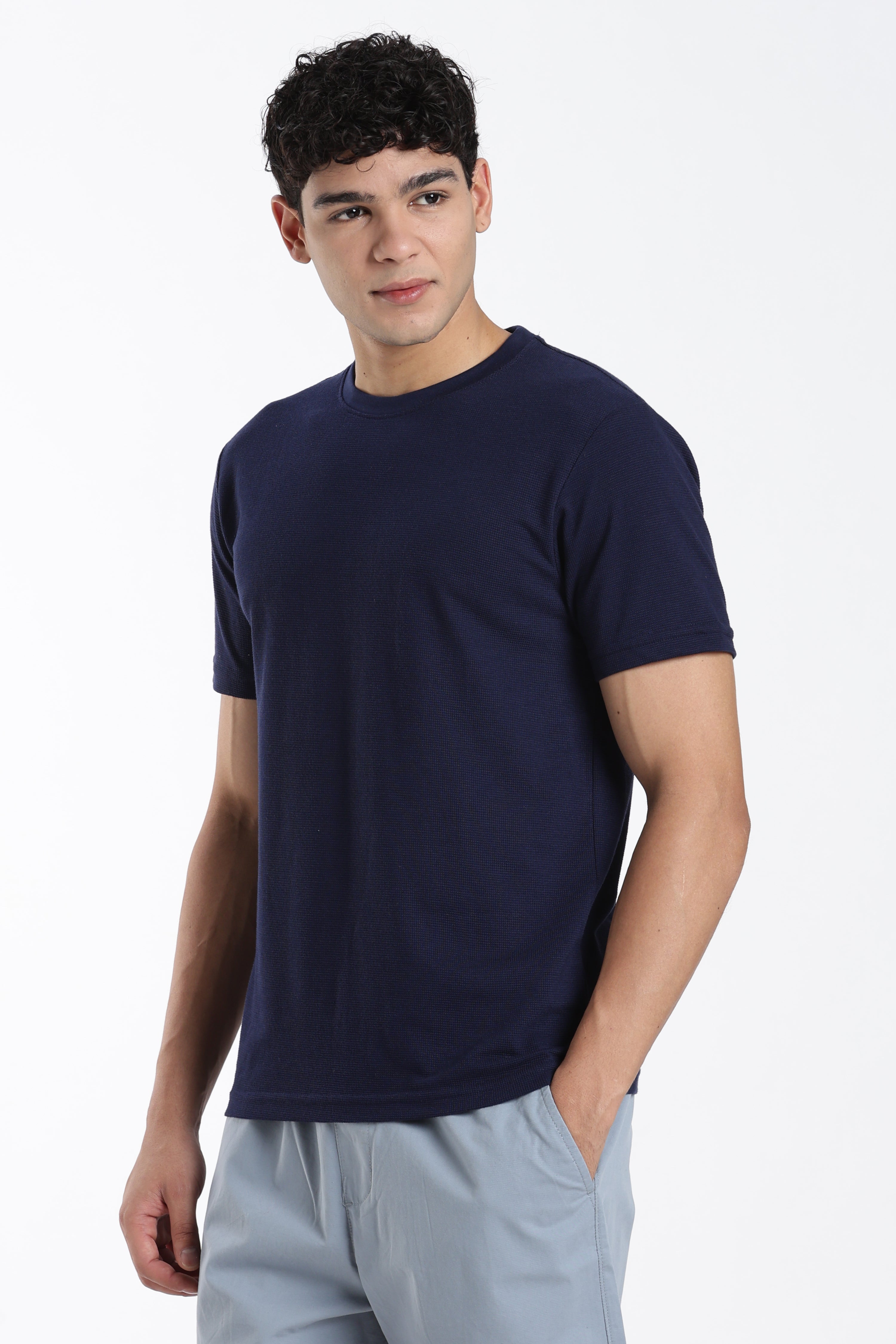 Navy Textured Regular Fit T-Shirt for Men - Image 4
