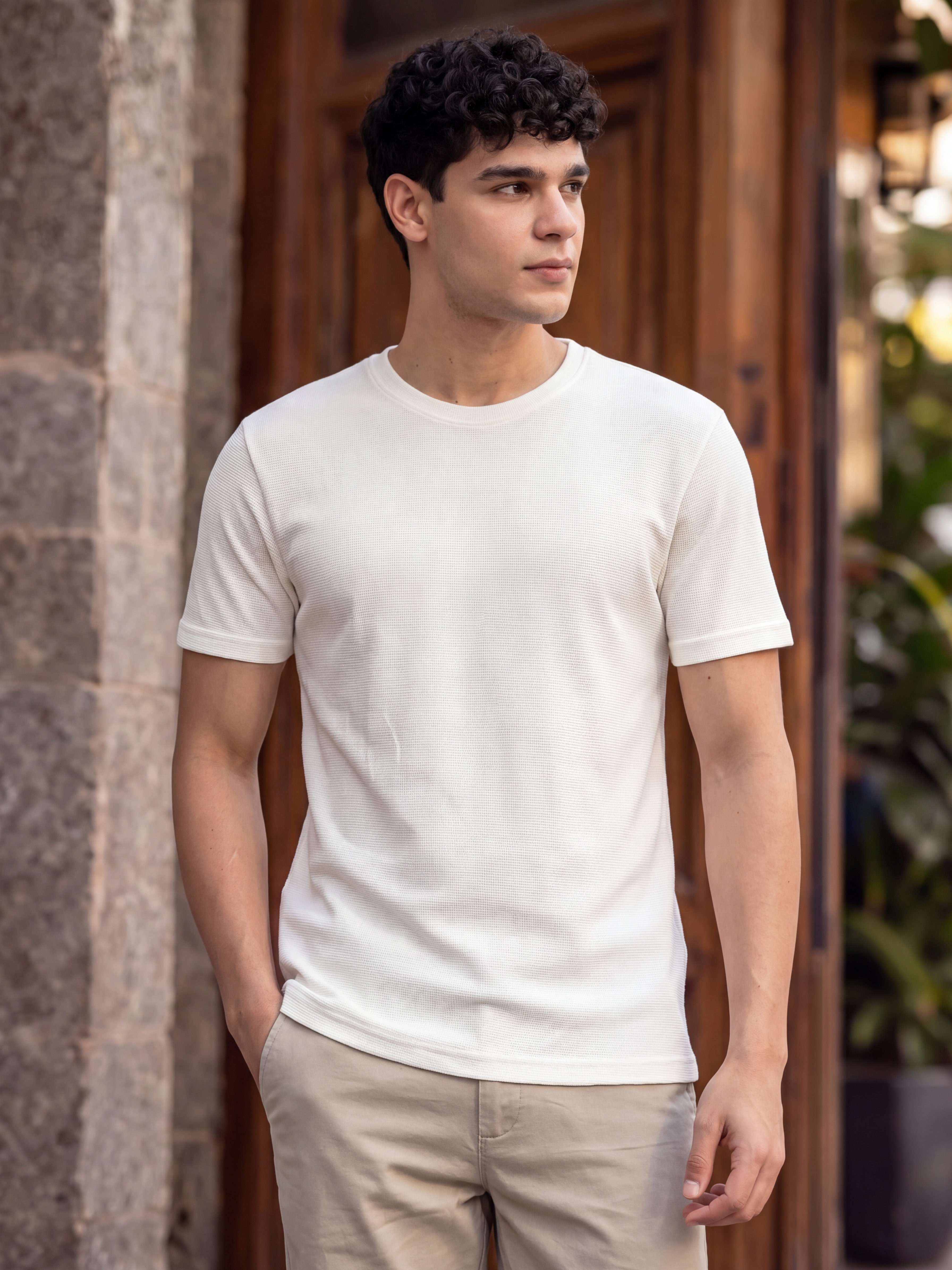 Off White Textured Regular Fit T-Shirt for Men - Image 1