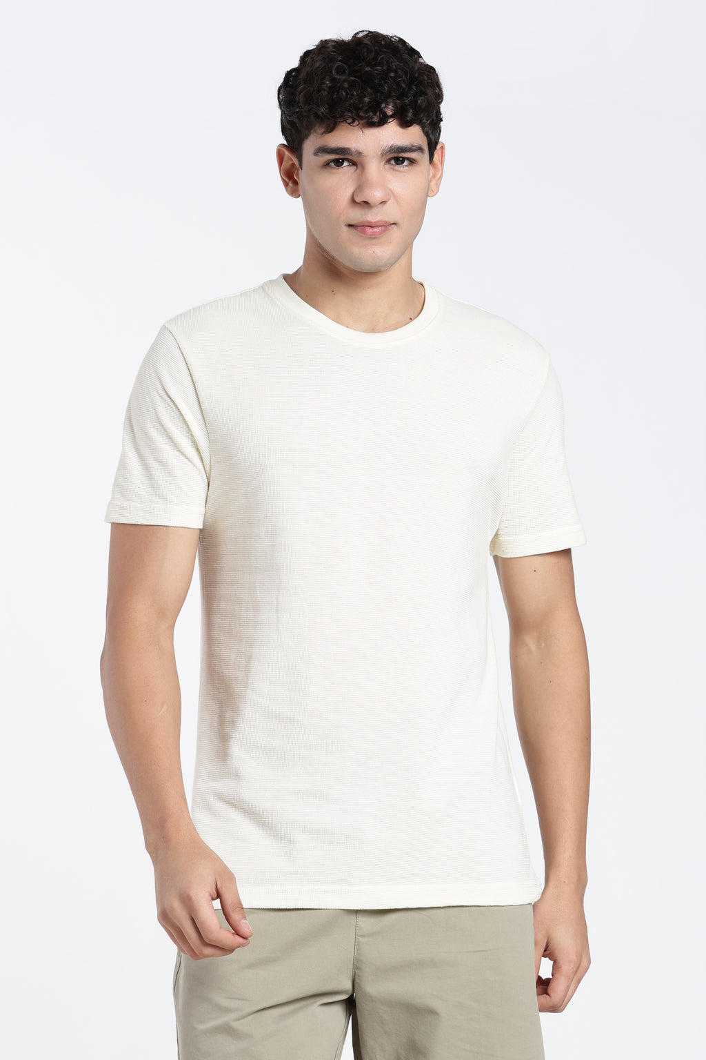 Off White Textured Regular Fit T-Shirt for Men - Image 2