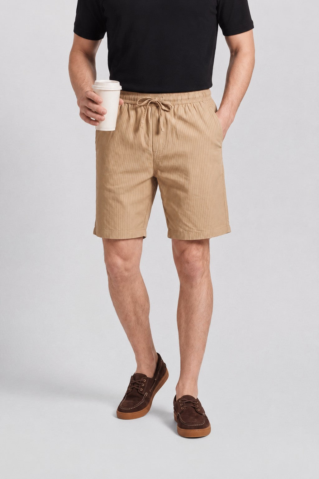 Beige Striped Drawstring Lounge Shorts For Men - Image 1