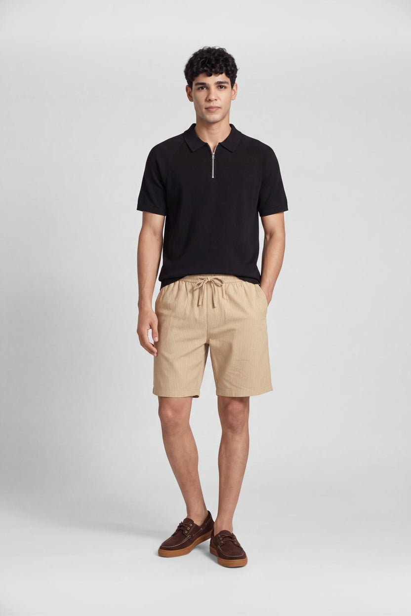 Beige Striped Drawstring Lounge Shorts For Men - Image 6
