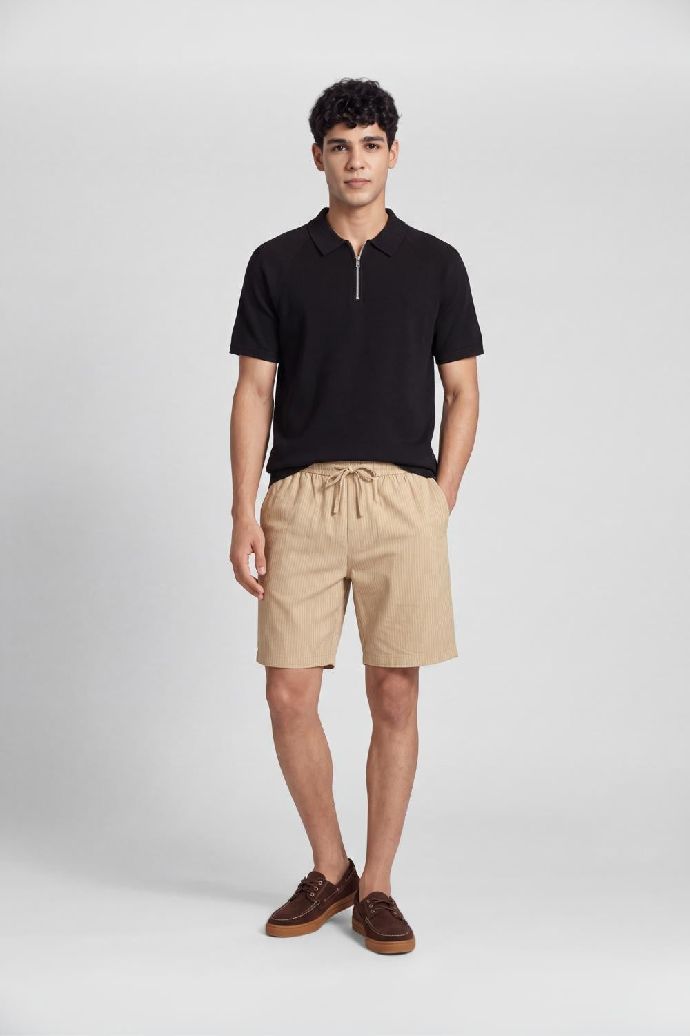 Beige Striped Drawstring Lounge Shorts For Men - Image 6