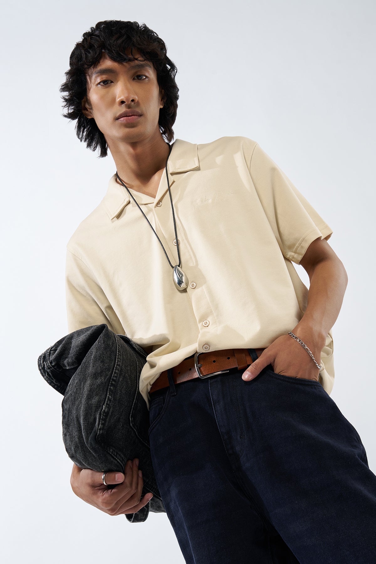 Beige Solid Regular Fit Shirt for Men - Image 1