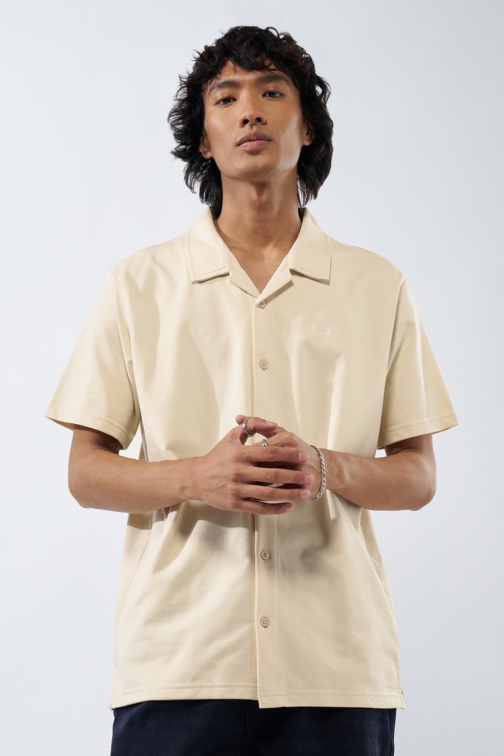 Beige Solid Regular Fit Shirt for Men - Image 2