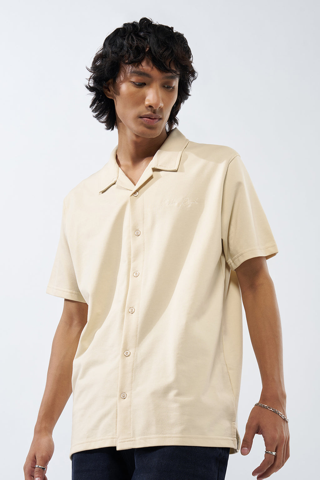 Beige Solid Regular Fit Shirt for Men - Image 4