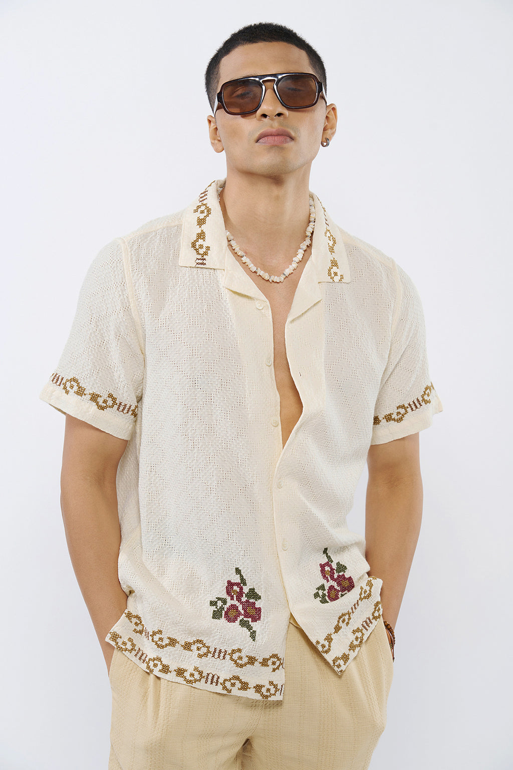 Off White Embroidered Regular Fit Shirt for Men - Image 1