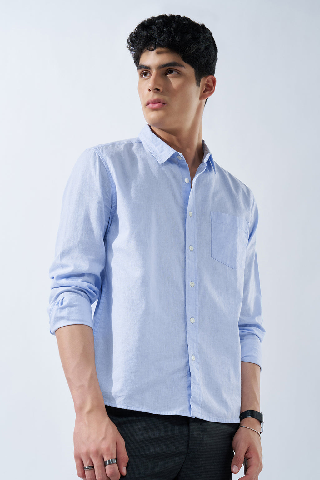 Light Blue Solid Cotton Linen Shirt for Men - Image 1