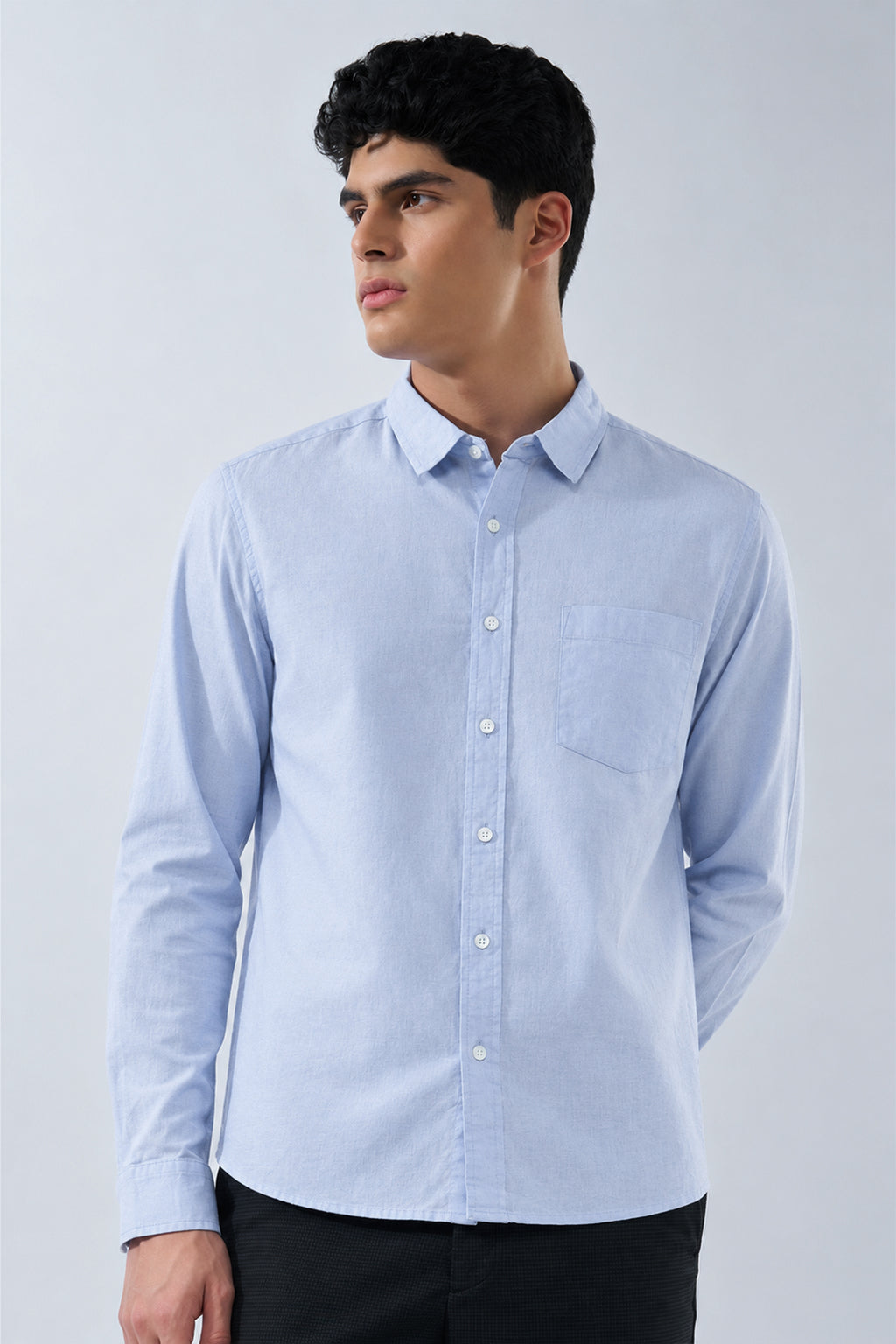 Light Blue Solid Cotton Linen Shirt for Men - Image 2