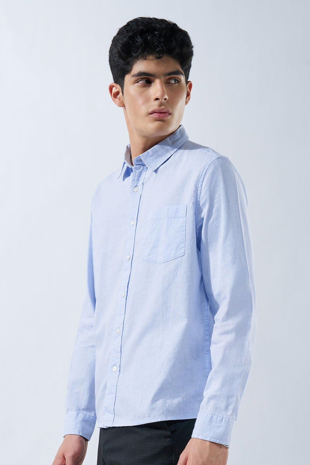 Light Blue Solid Cotton Linen Shirt for Men - Image 4